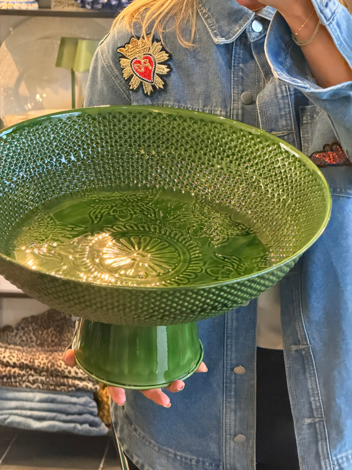 XL Footed Glazed Tin Platter- green