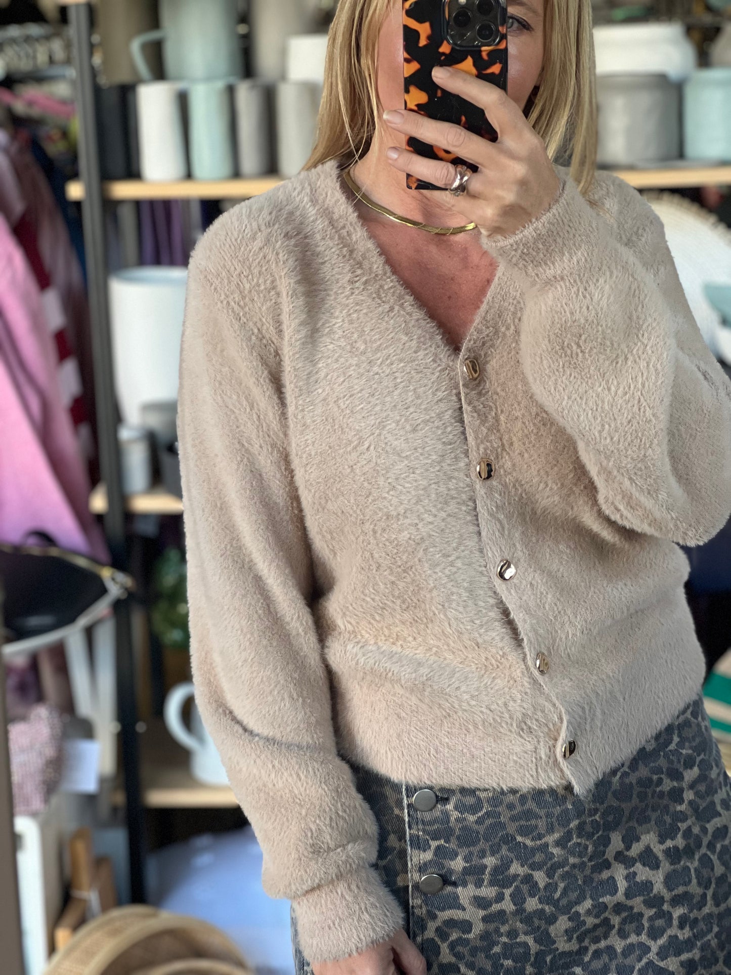 Fluffy Cardi with Gold Buttons - camel