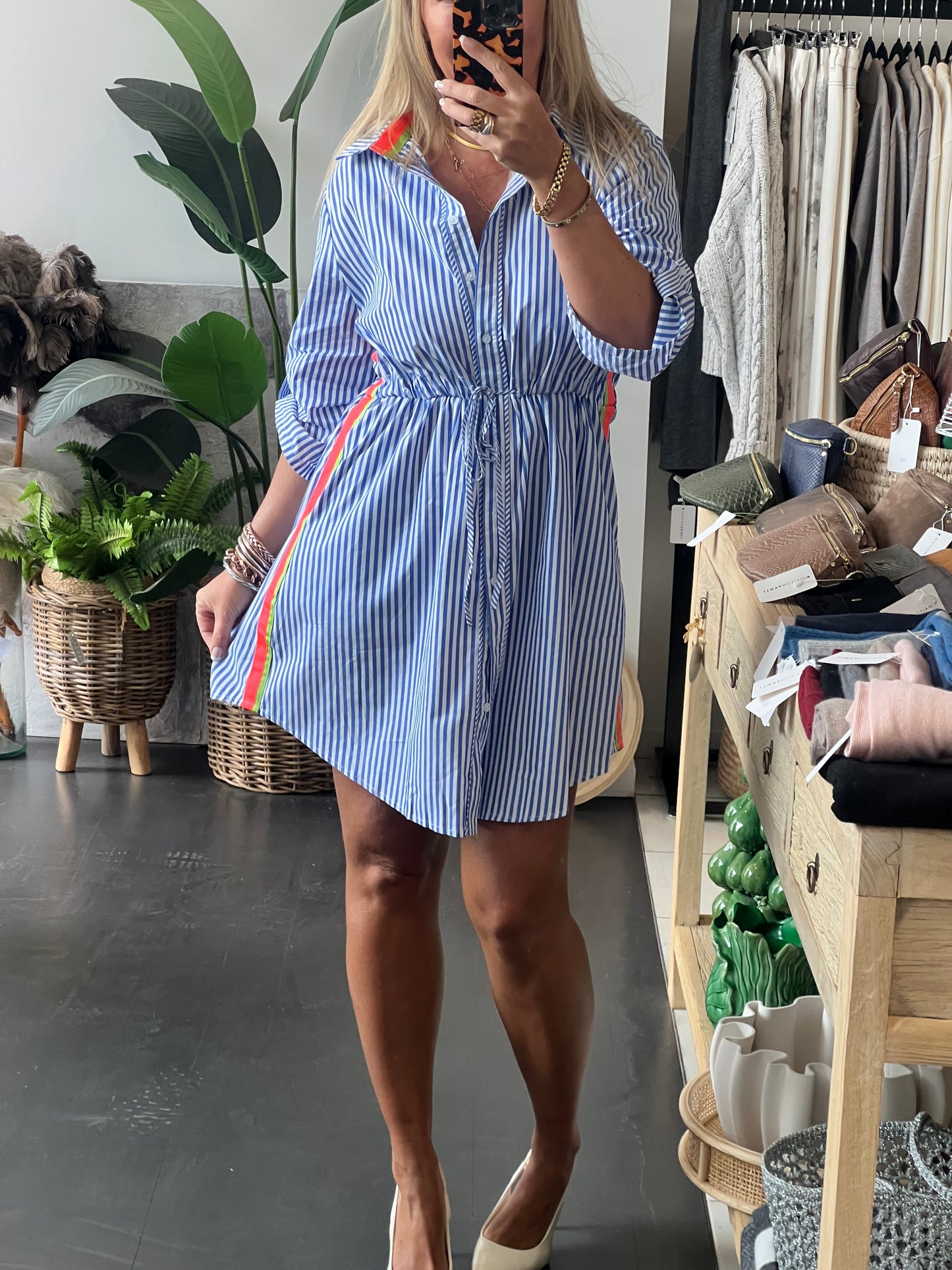 Stripe Cotton Shirt Dress Neon Trim - Blue