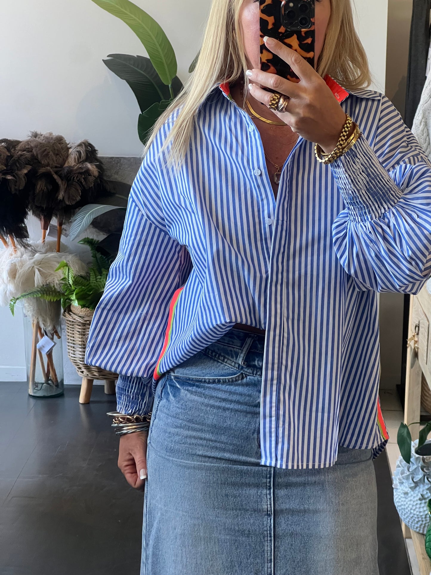 Blue & White Stripe Cotton Shirt - neon trim