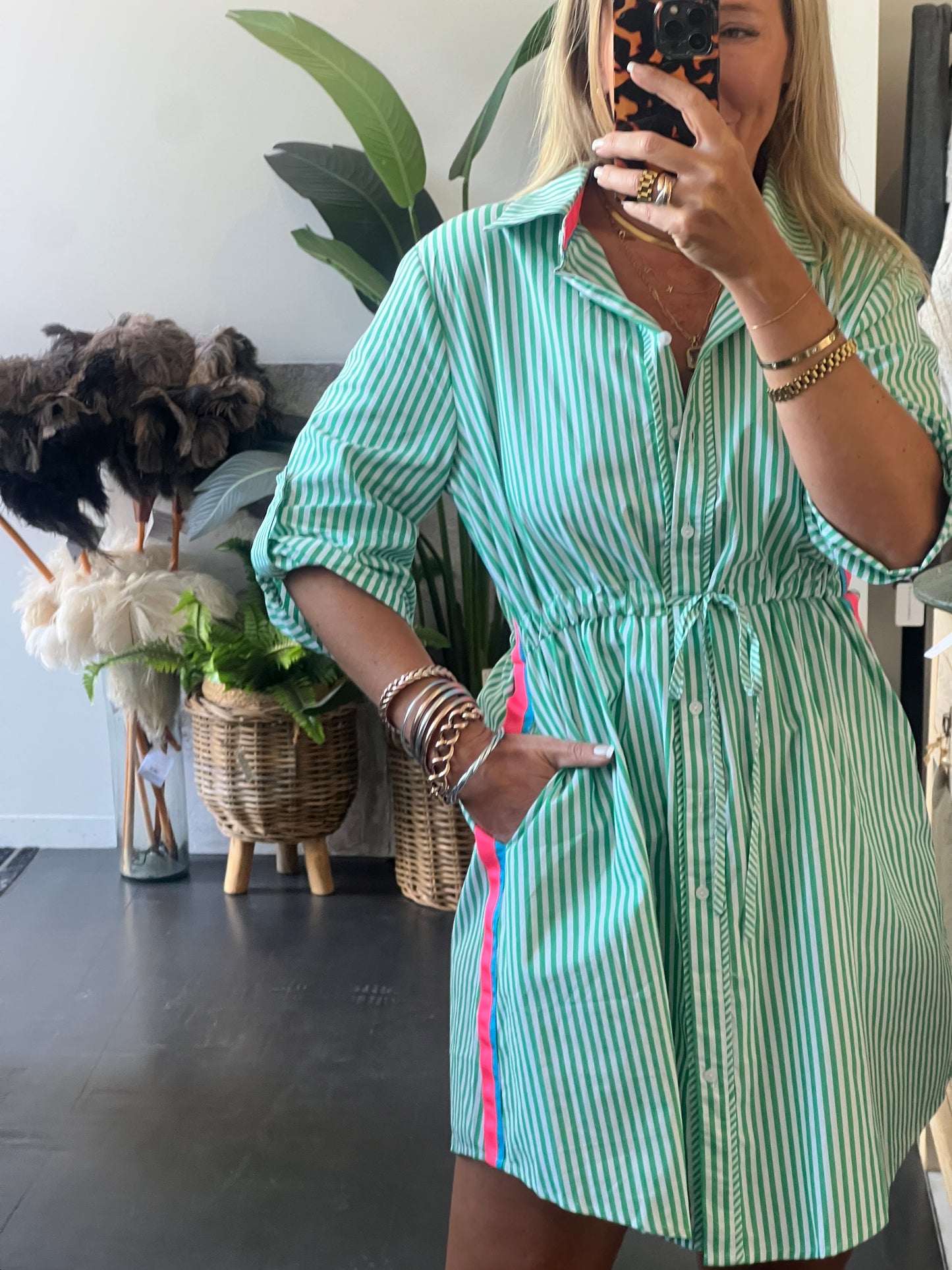 Stripe Cotton Shirt Dress Neon Trim - Green