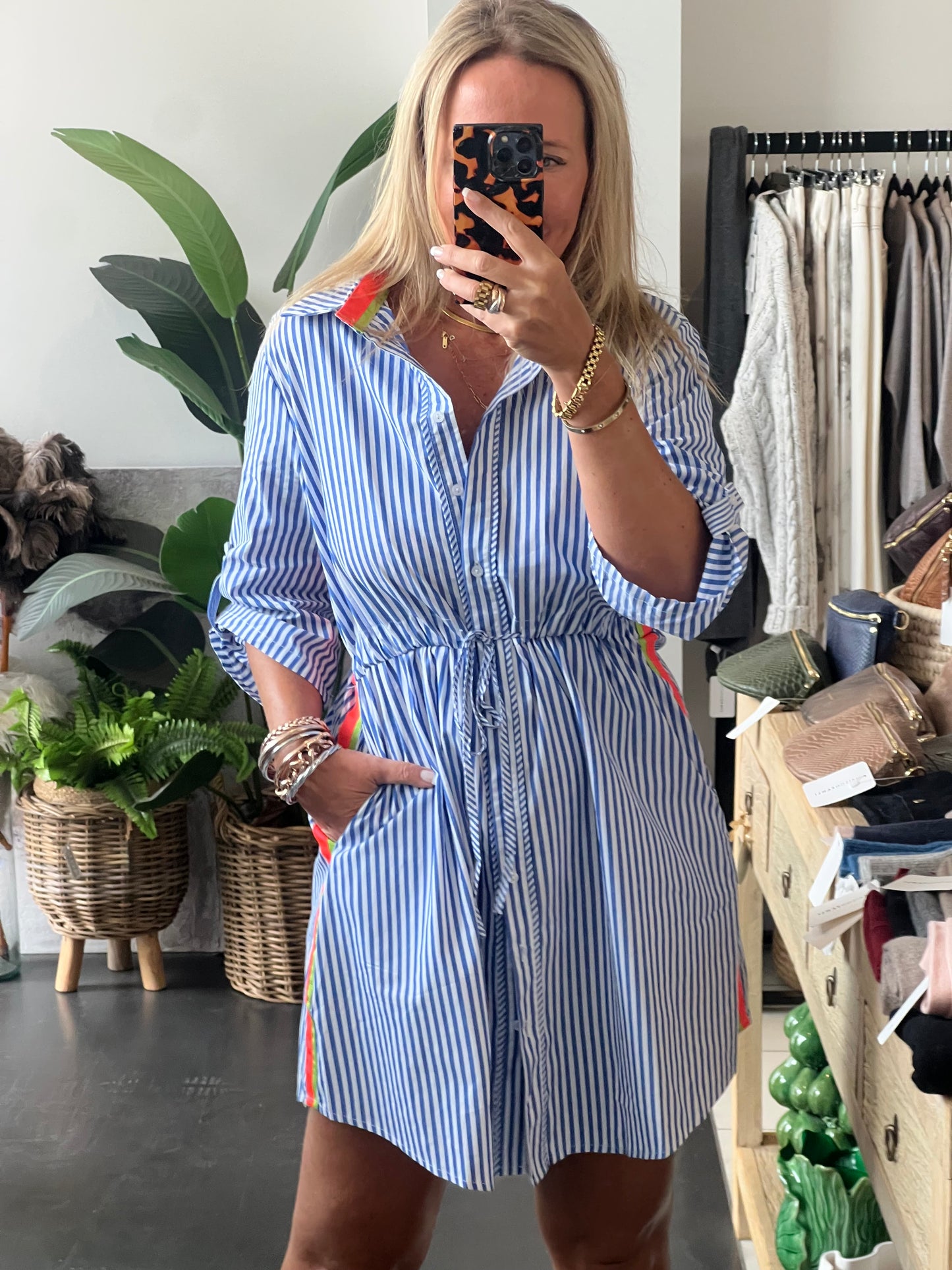 Stripe Cotton Shirt Dress Neon Trim - Blue