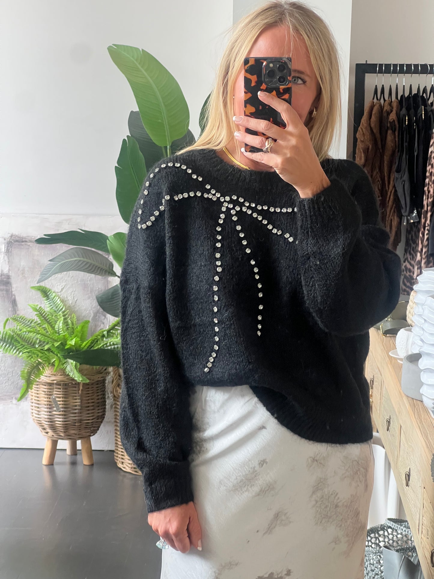 bling Bow Relaxed Knit Jumper- black