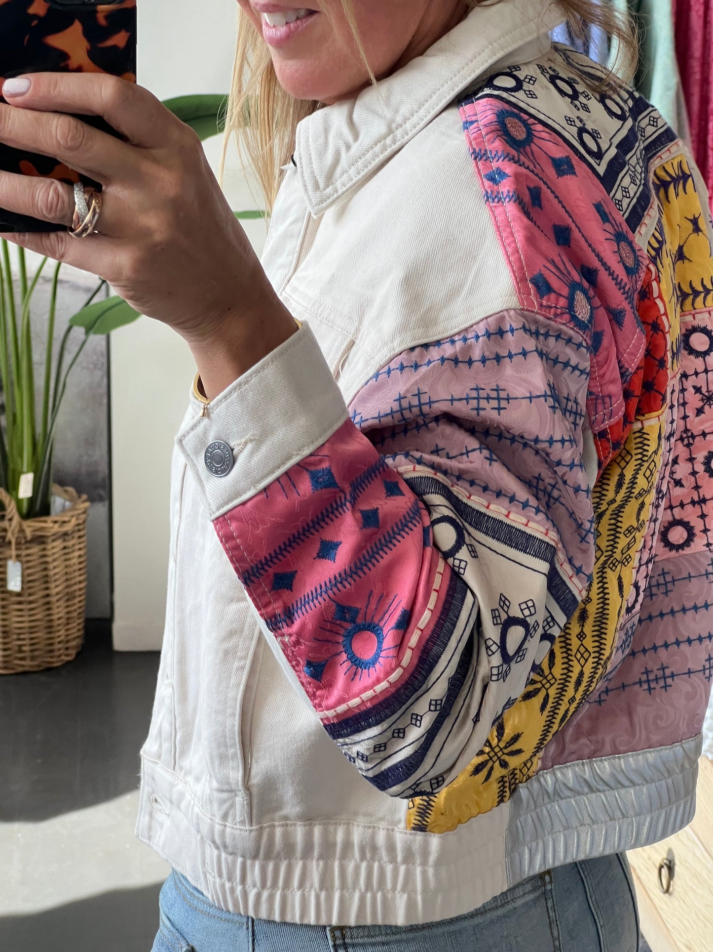 Desigual Embroidered Denim Bomber Jacket cream
