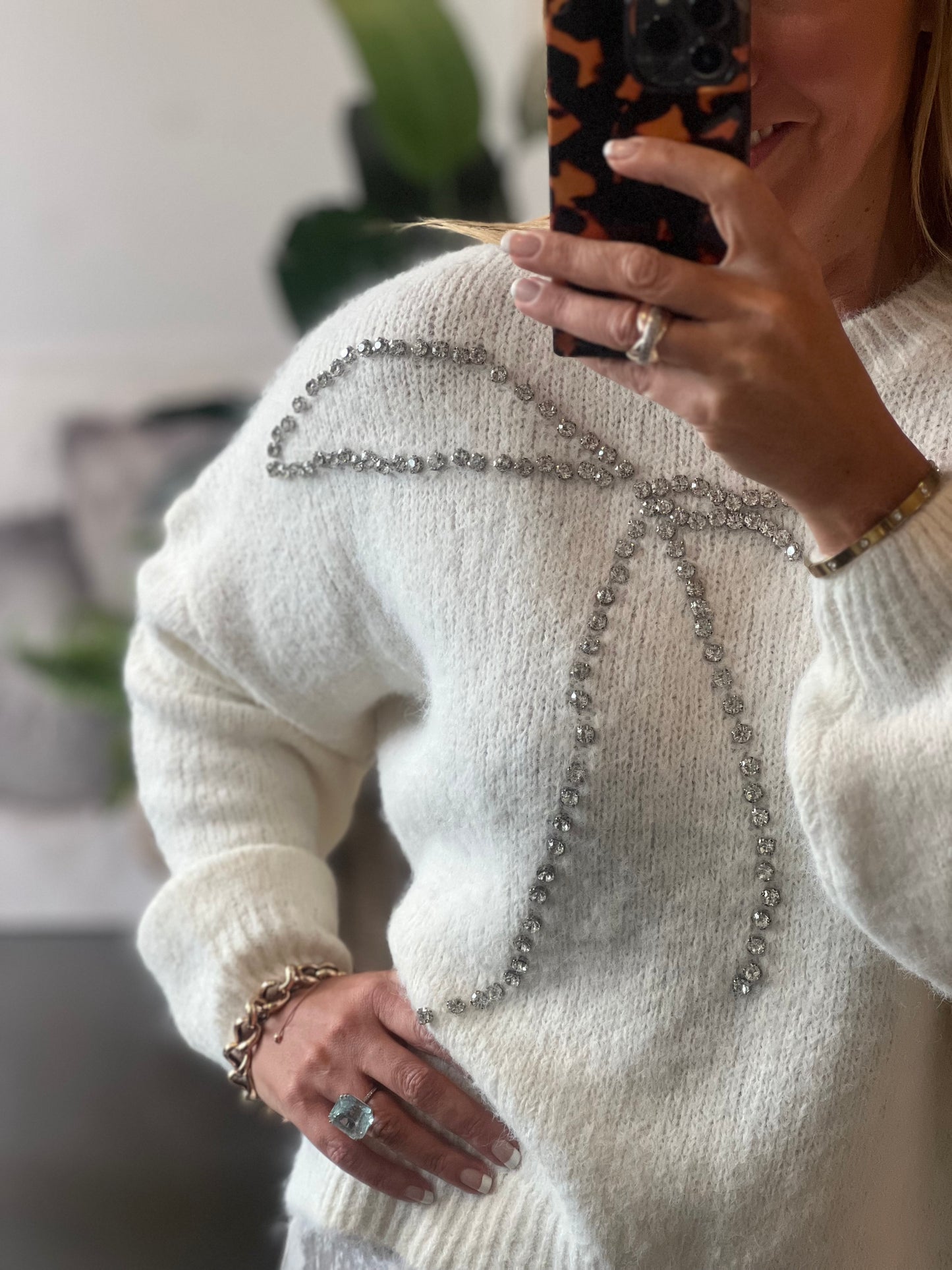 Bling Bow Relaxed Knit Jumper- winter white