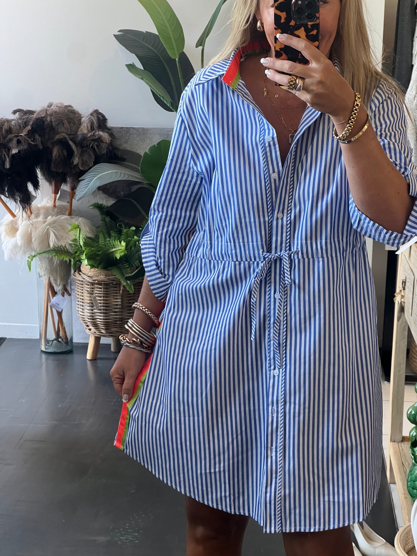 Stripe Cotton Shirt Dress Neon Trim - Blue