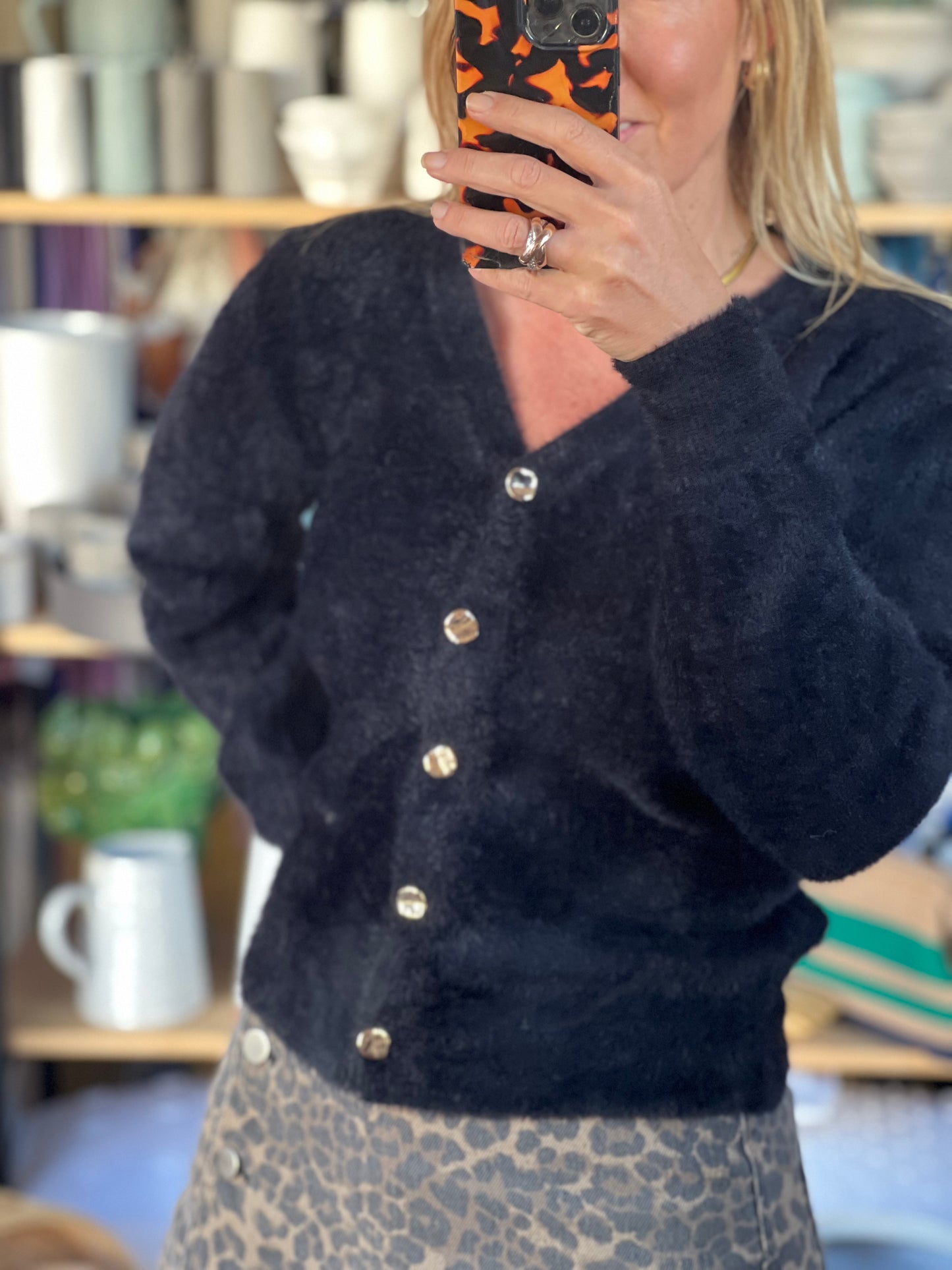 Fluffy Cardi with Gold Buttons - black