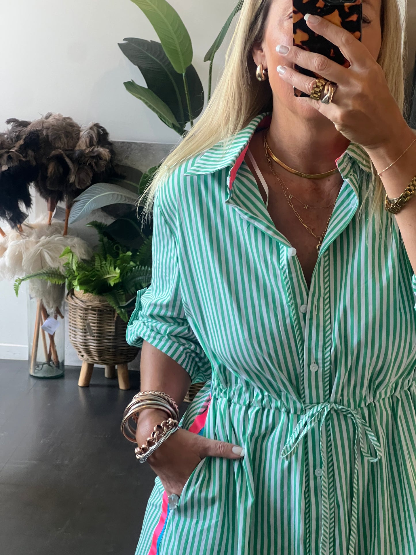 Stripe Cotton Shirt Dress Neon Trim - Green