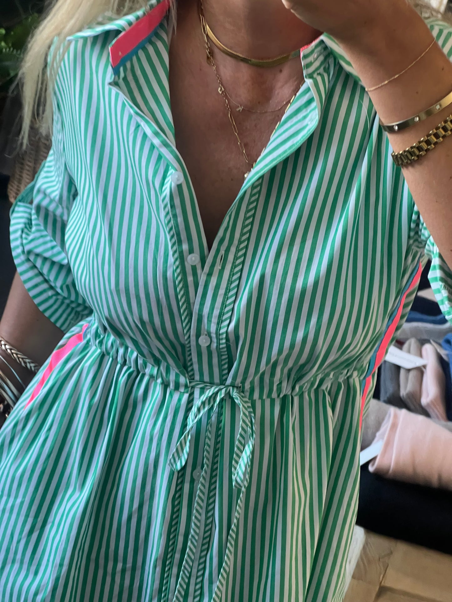 Stripe Cotton Shirt Dress Neon Trim - Green