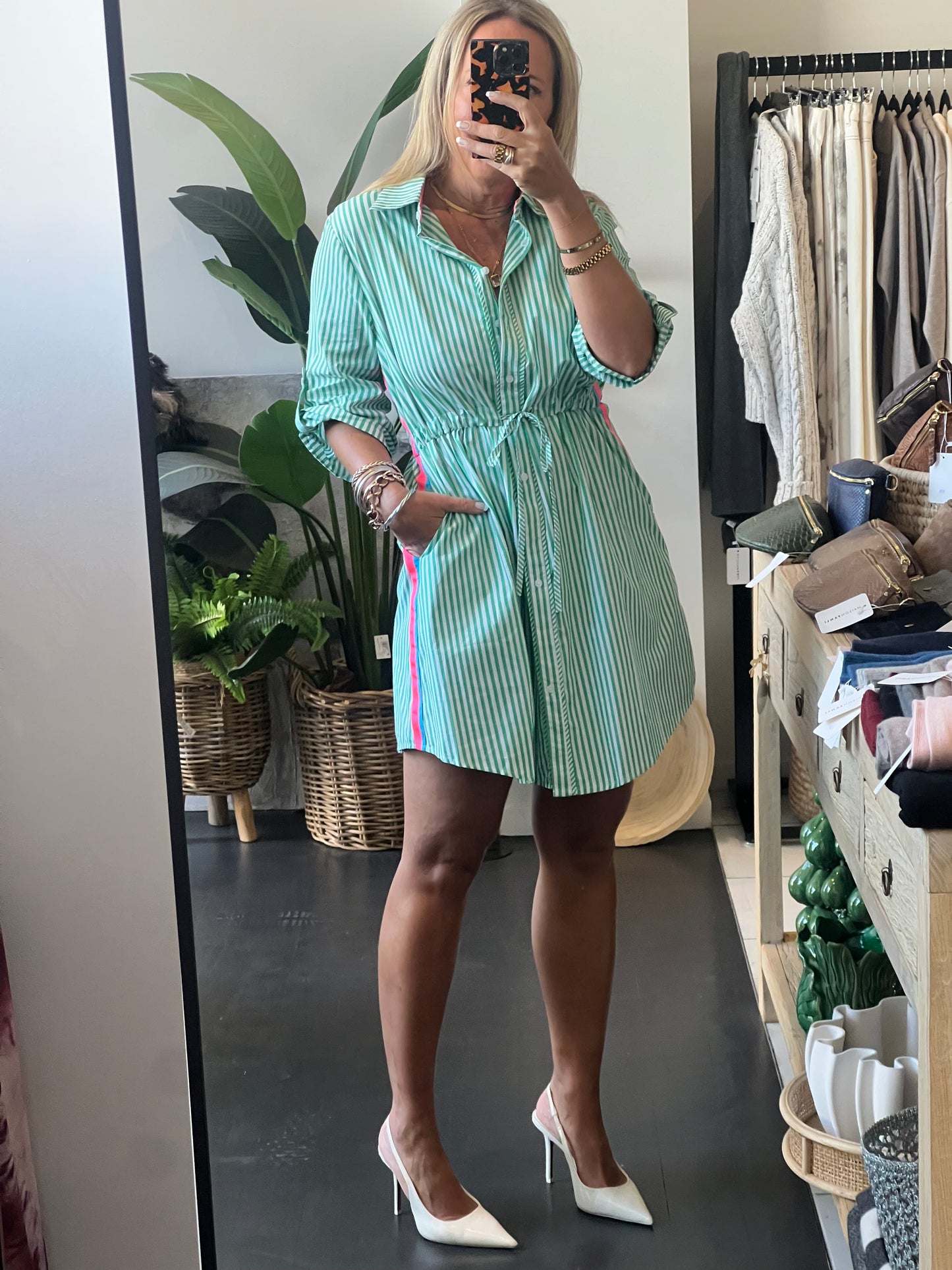 Stripe Cotton Shirt Dress Neon Trim - Green