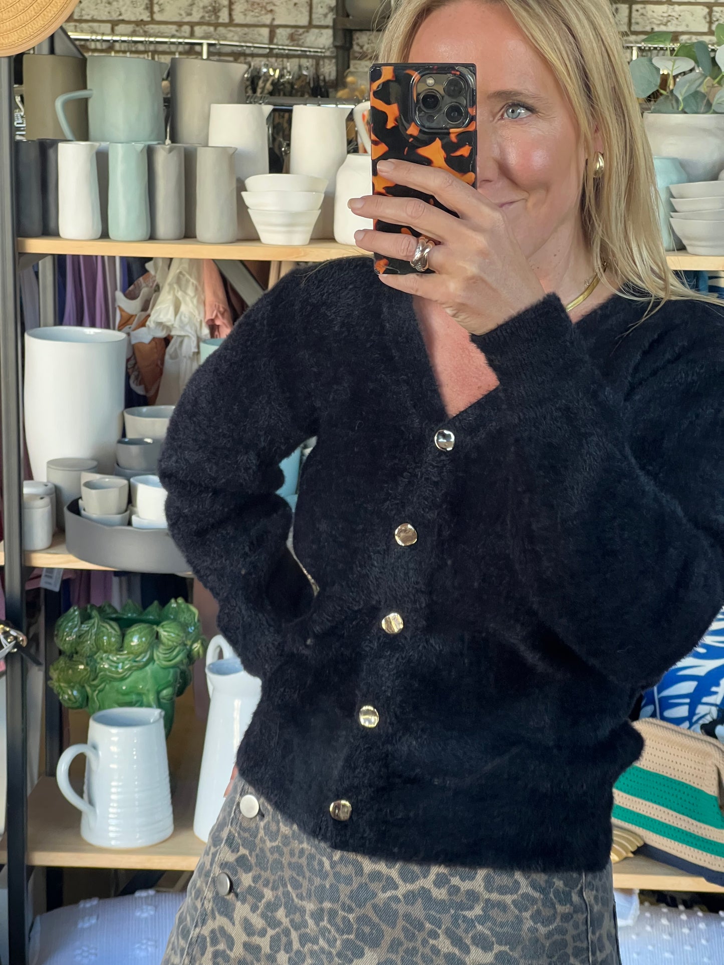 Fluffy Cardi with Gold Buttons - black