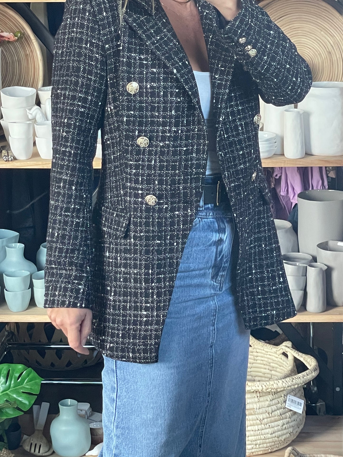 Long line Boucle Blazer Black with Gold Buttons