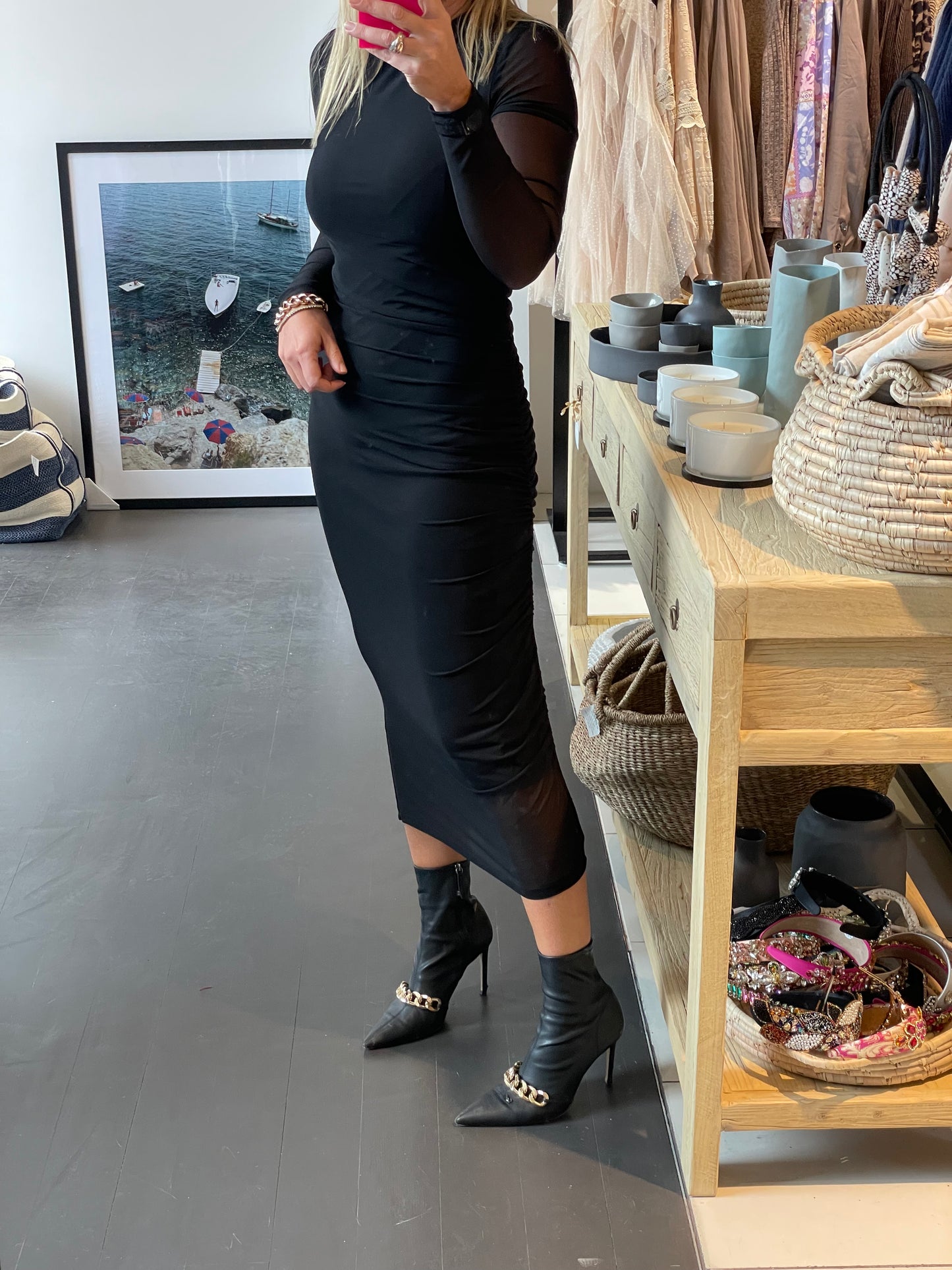 Jet Black Long Sleeve Midi Dress