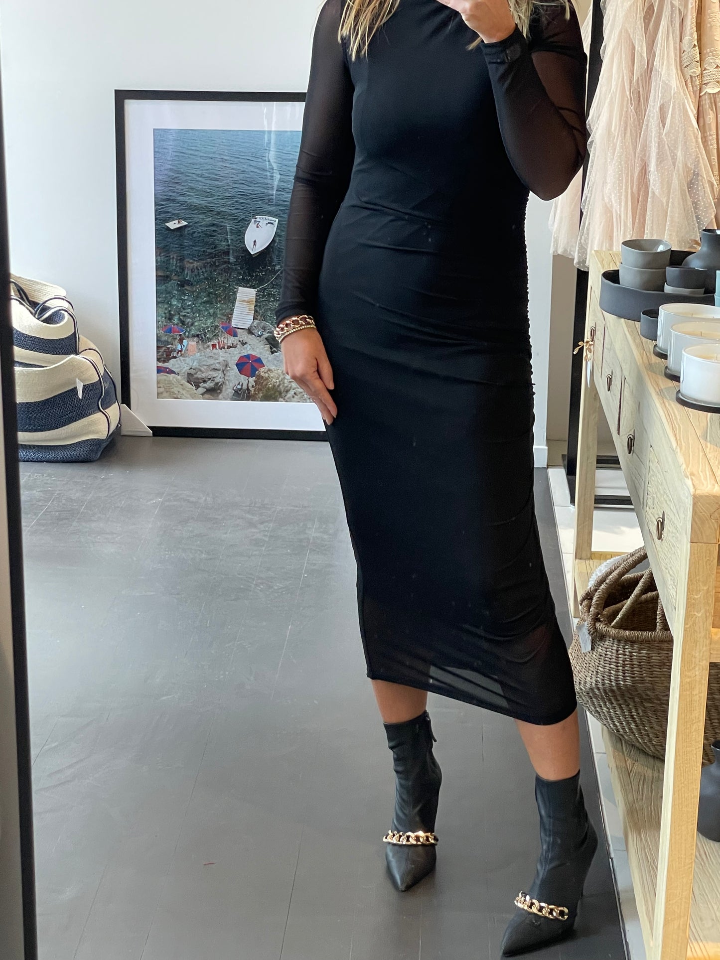 Jet Black Long Sleeve Midi Dress