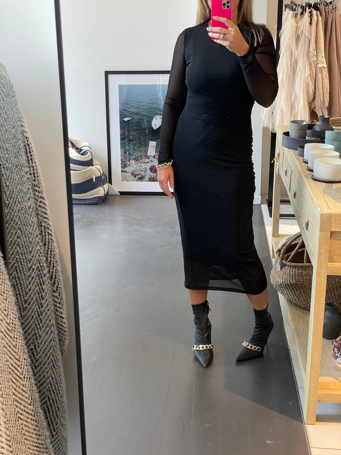 Jet Black Long Sleeve Midi Dress