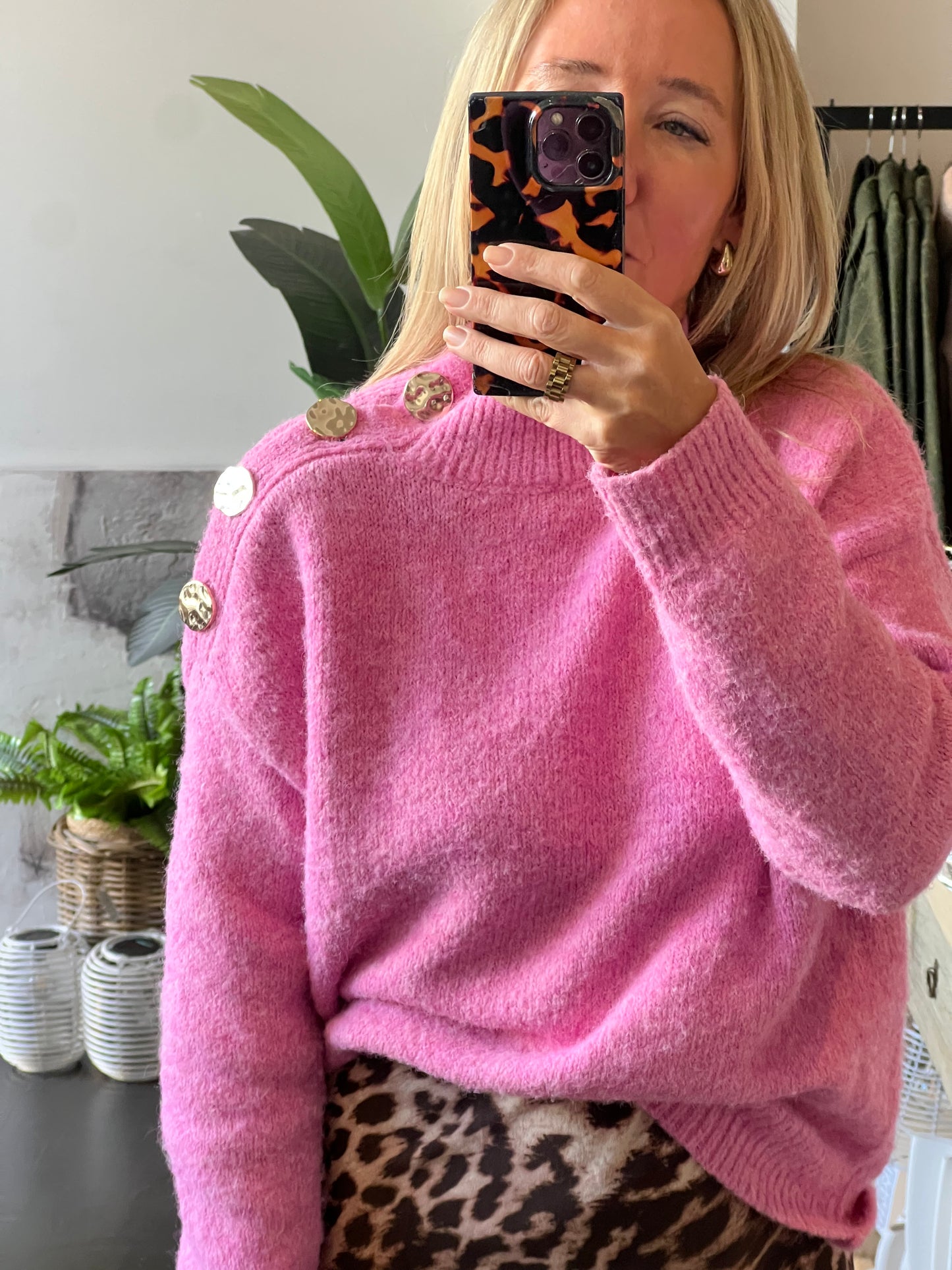 Gold Button Neck Jumper - pink