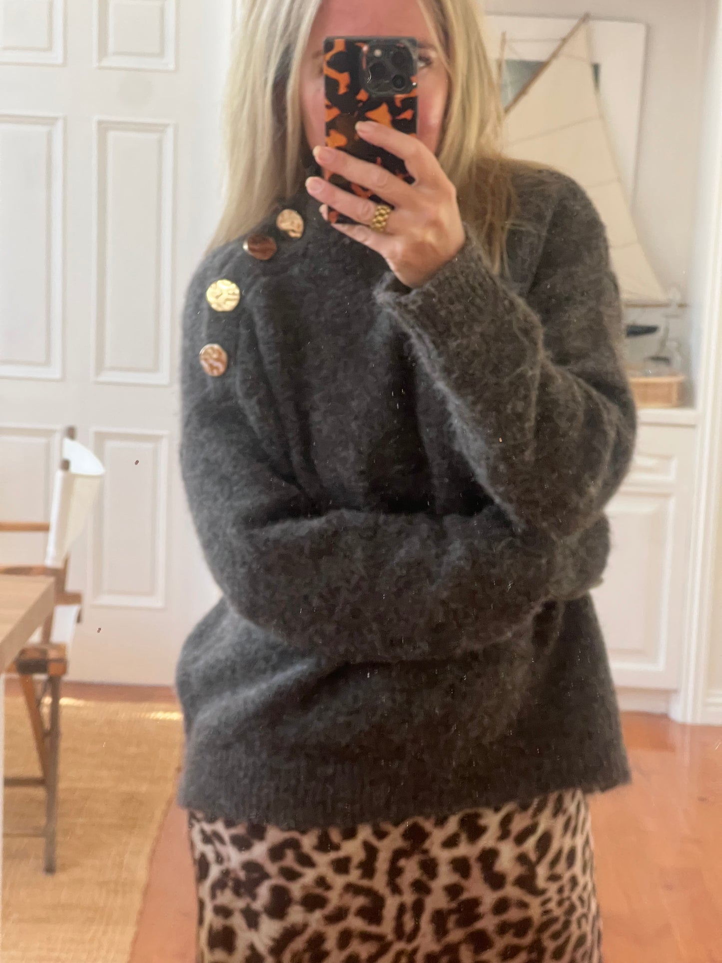Gold Button Neck Jumper - chocolate brown