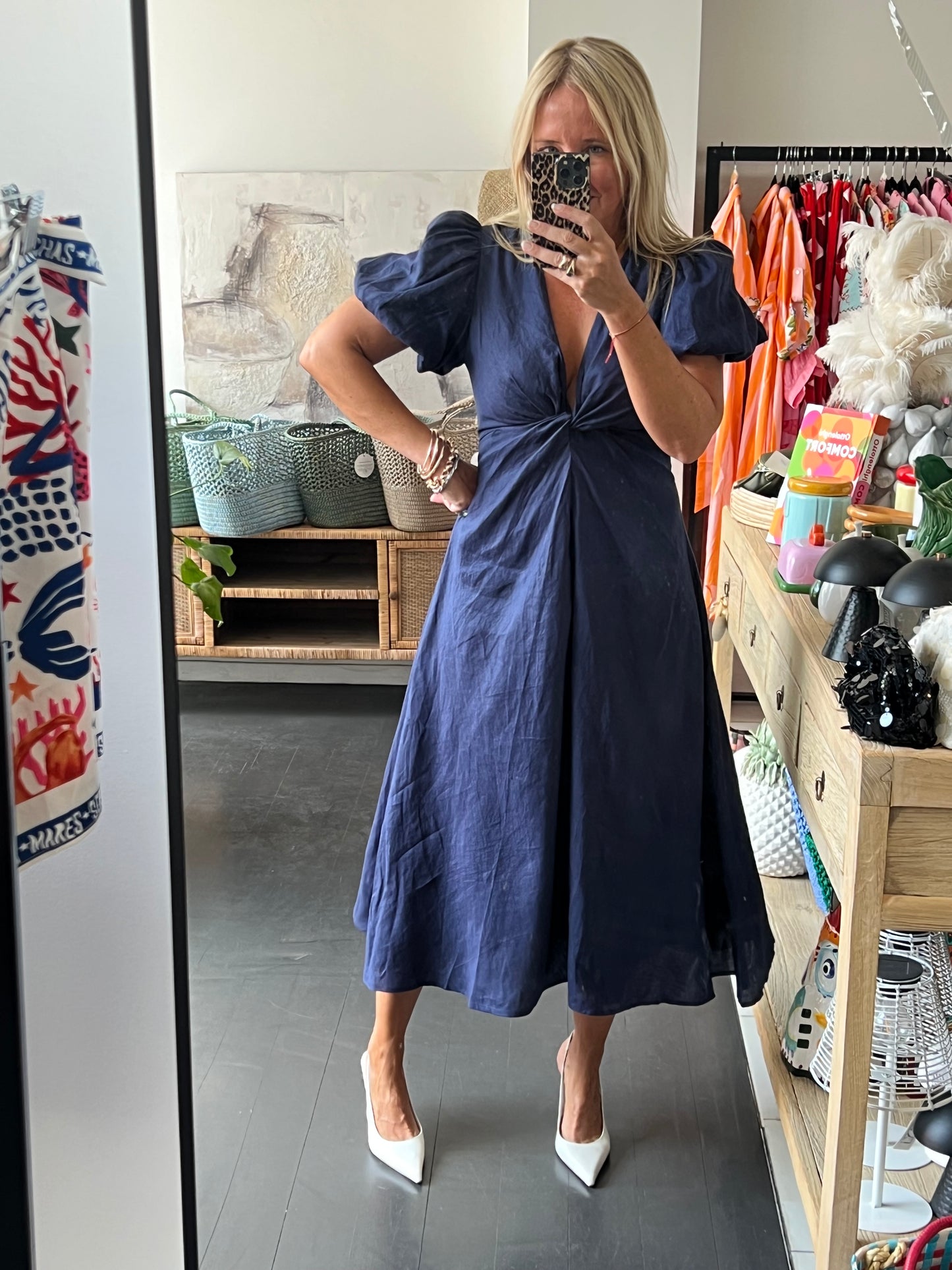 Puff Sleeve Midi Dress - navy
