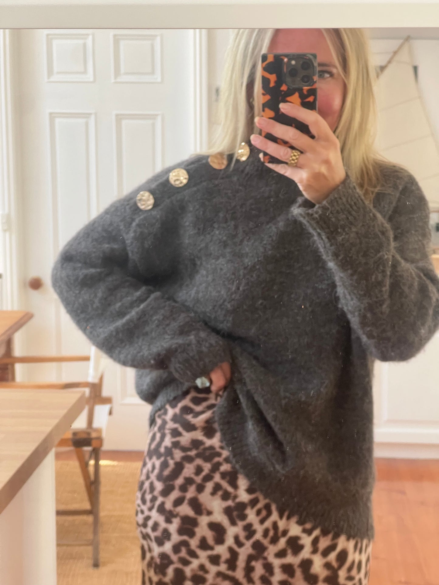Gold Button Neck Jumper - chocolate brown