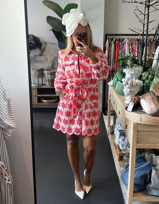 Broderie Anglaise Shirt Dress- red