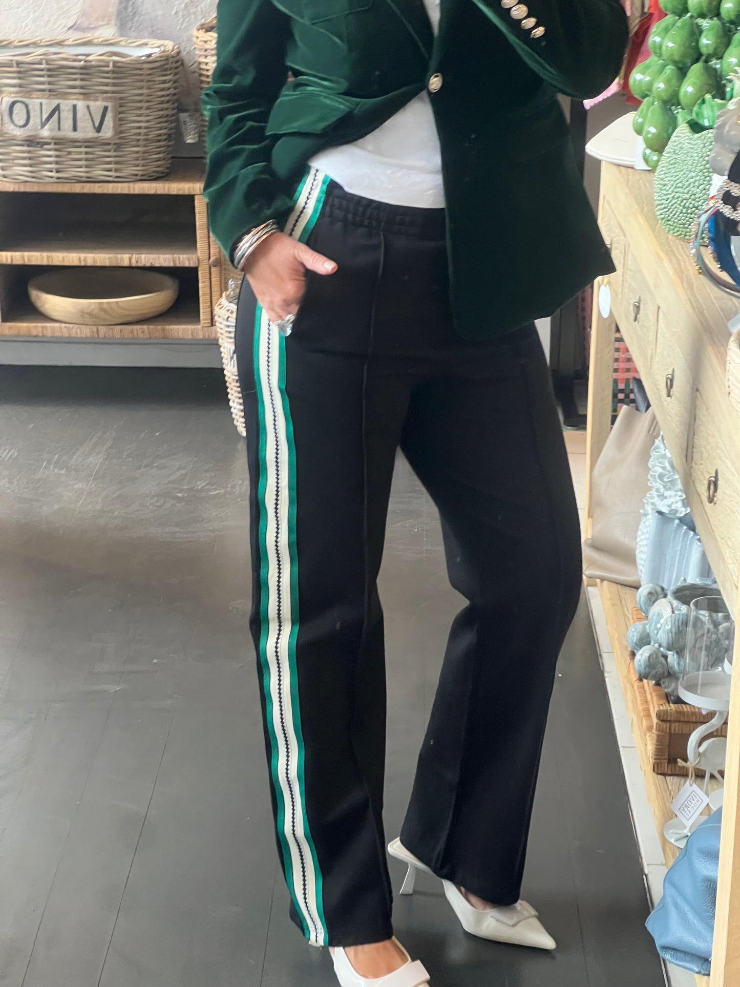 Pinstripe Ponti Pintuck Pants- green stripe