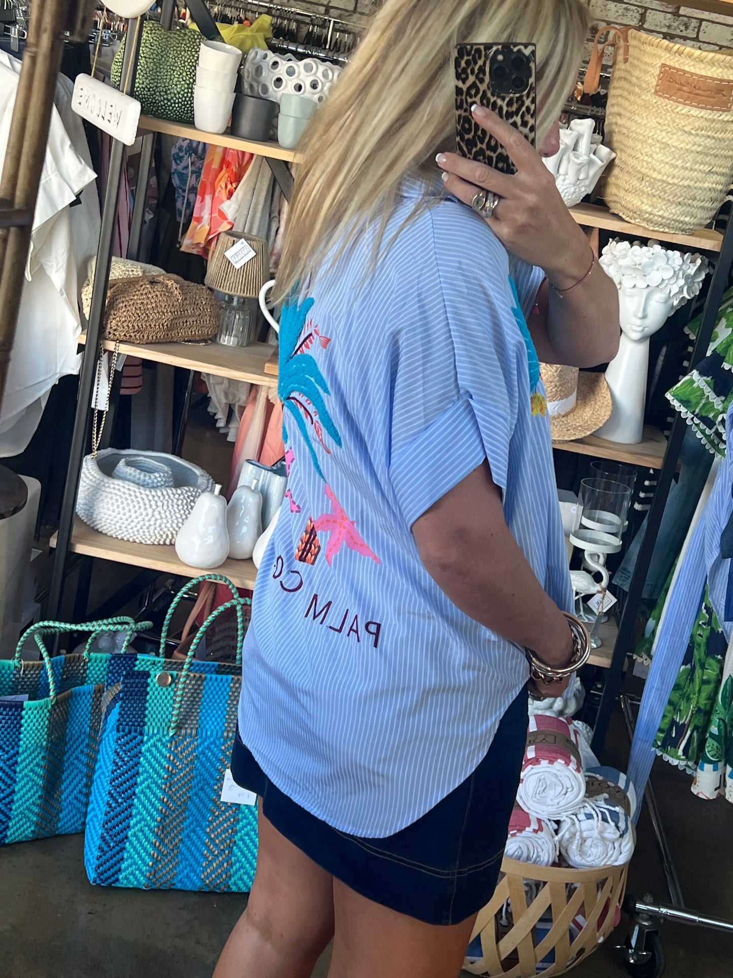 Embroidered Palm Shirt Top