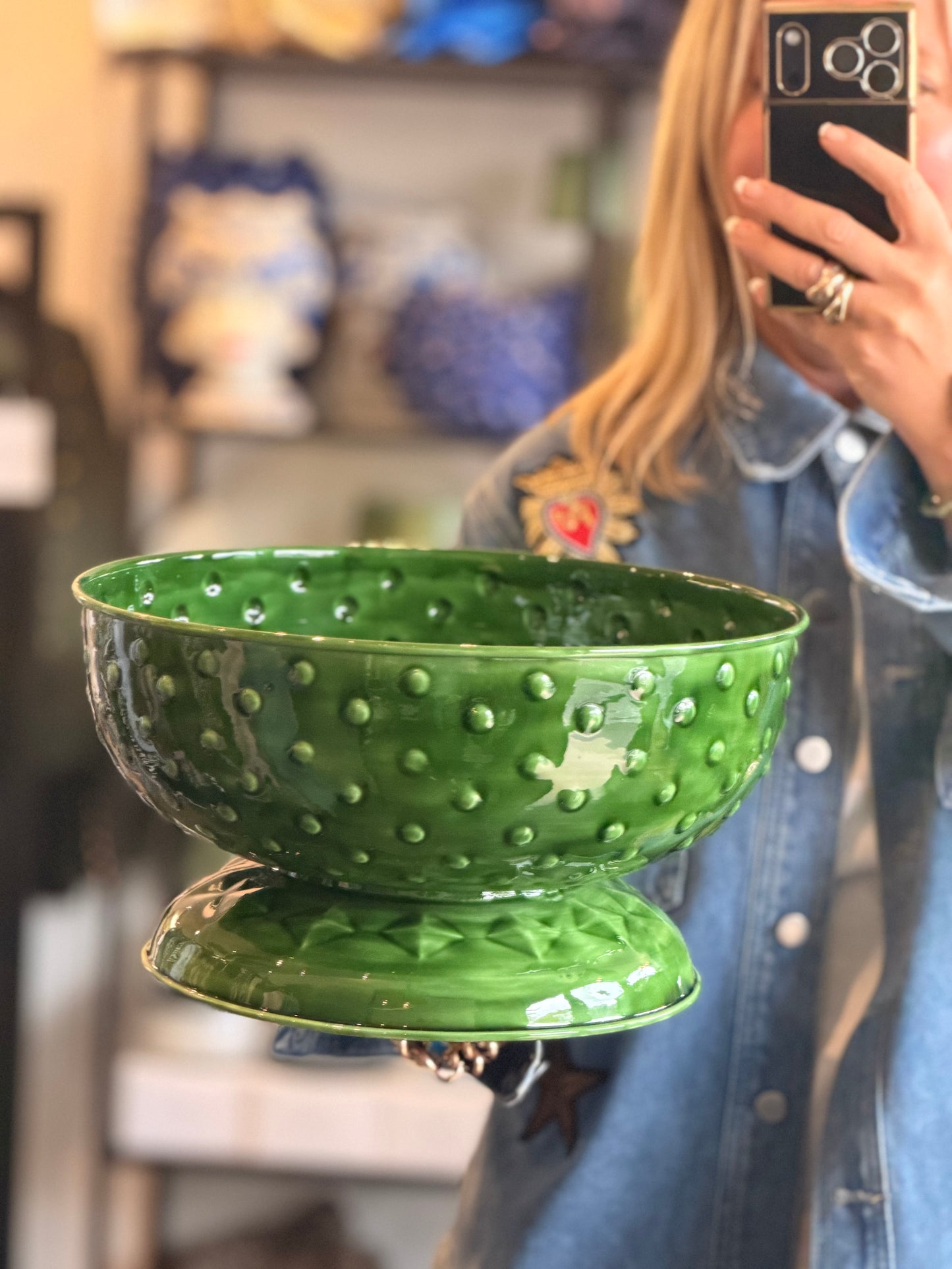Footed Glazed Tin Fruit Bowl-  green