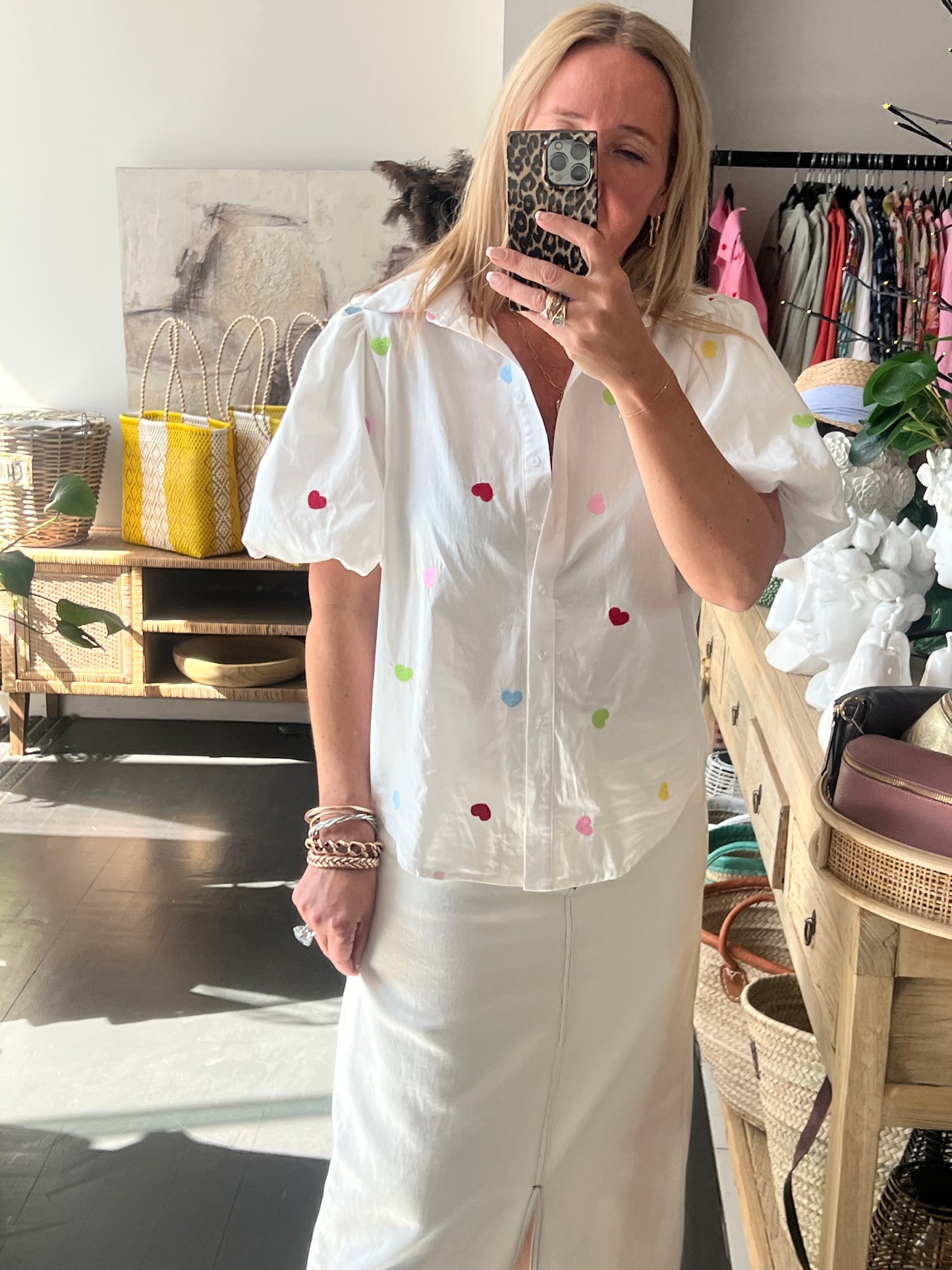 Hearts Puff Sleeve Cotton Shirt Top- white