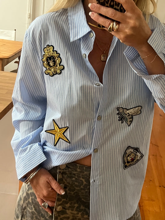French Bee Appliqué Cotton Shirt - blue stripe