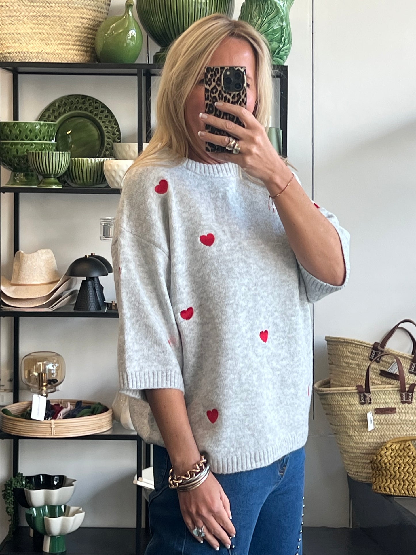 Heart Knit 3/4 Sleeve Top - grey