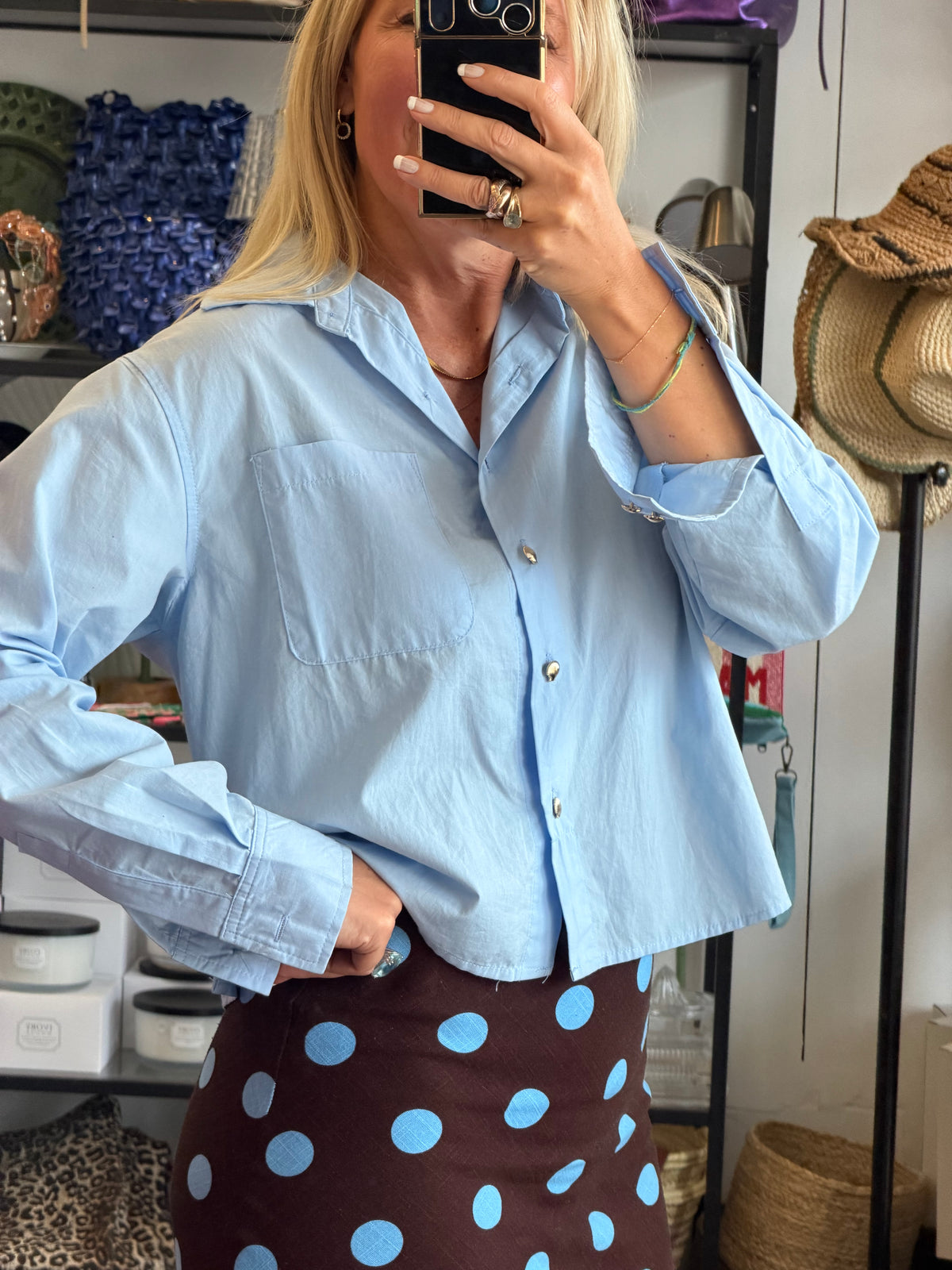 Crop Cotton Shirt Top- blue