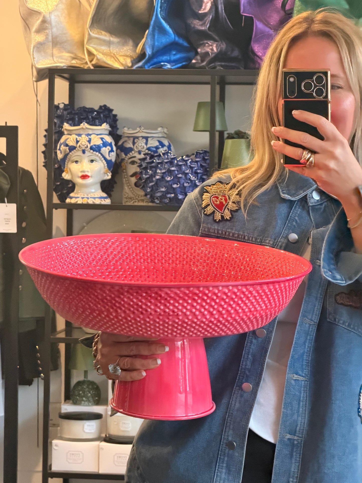 XL Footed Glazed Tin Platter- pink