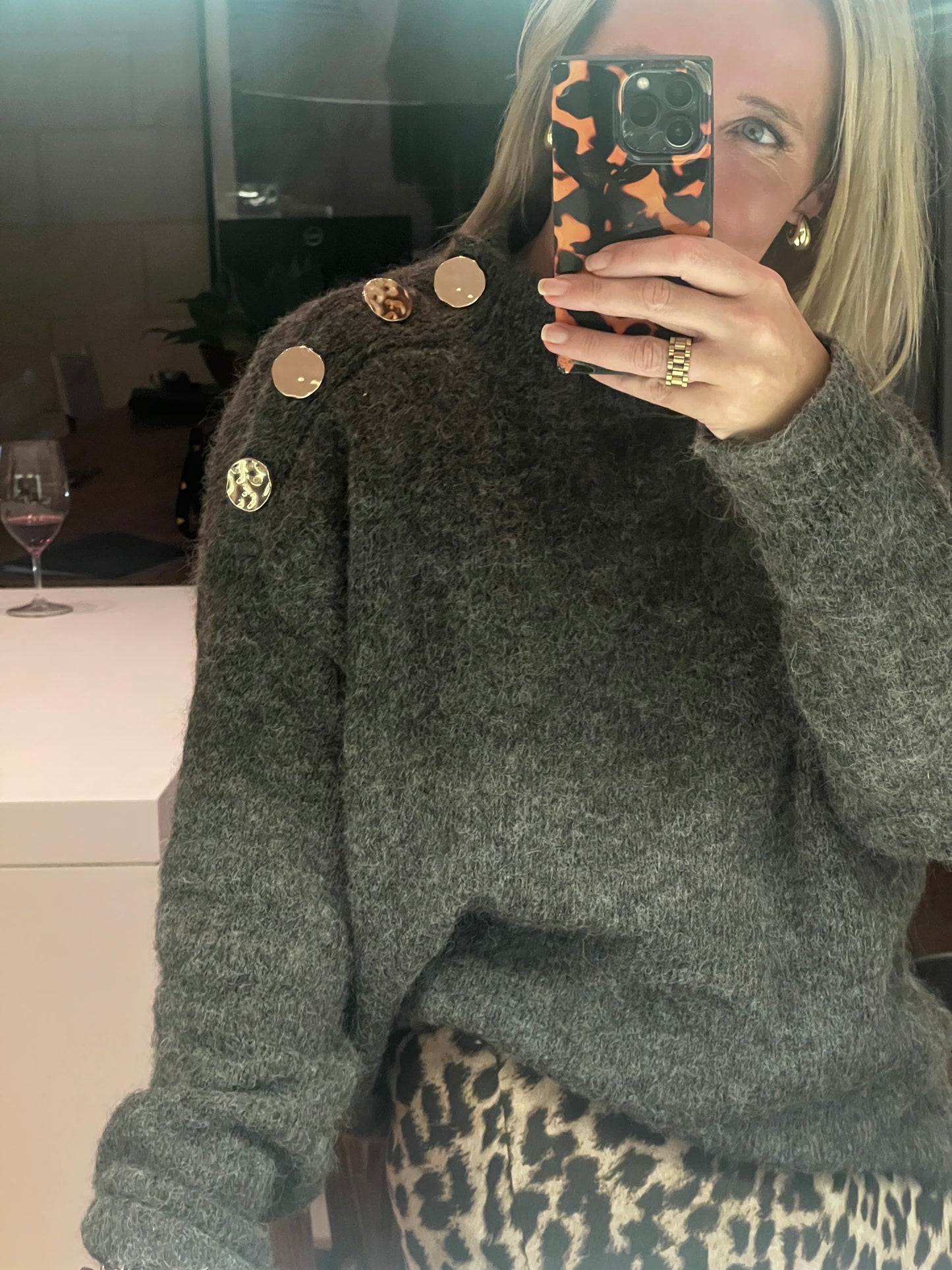 Gold Button Neck Jumper - chocolate brown