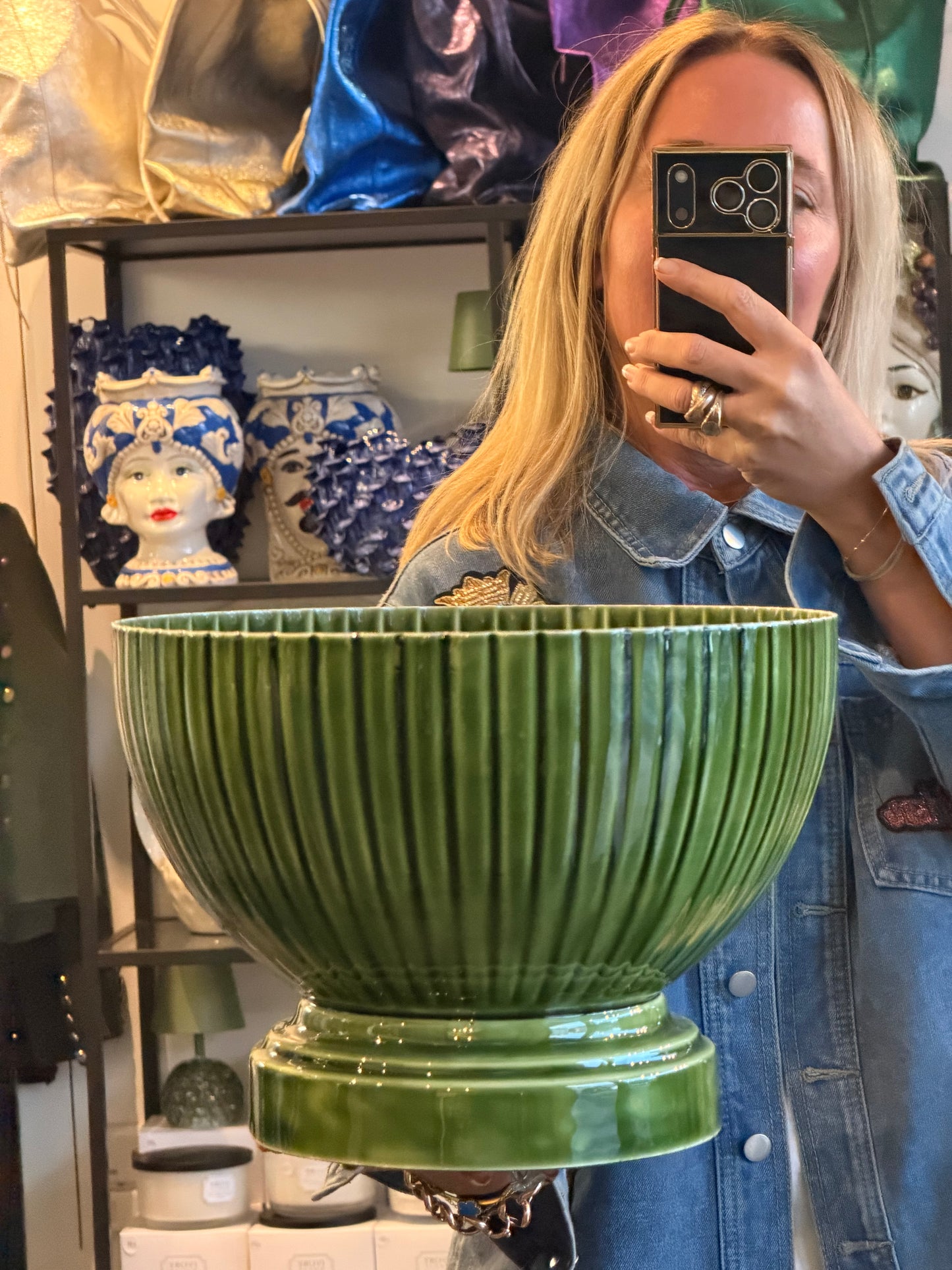 XL Footed Glazed Tin Ice Bucket- green