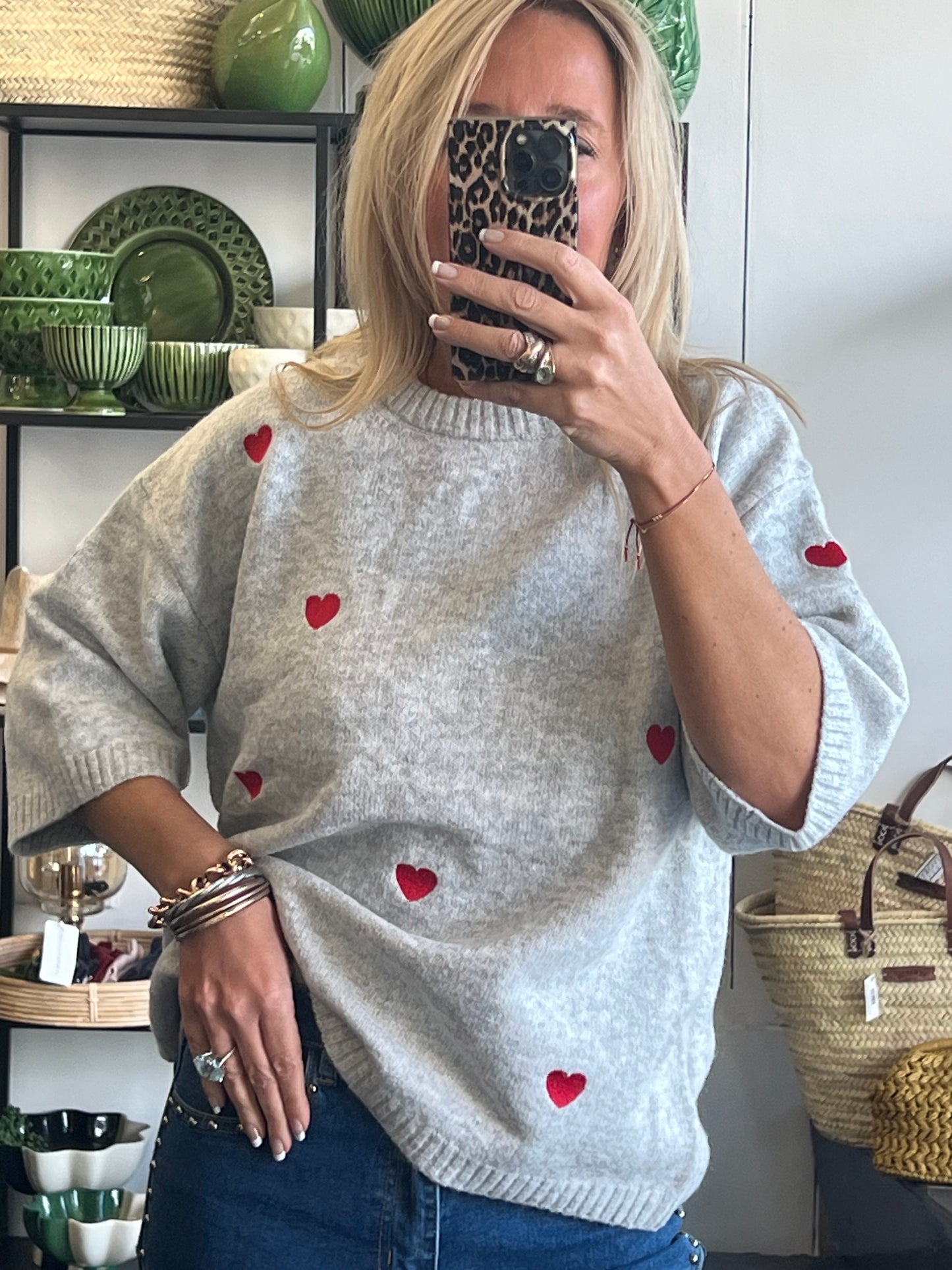 Heart Knit 3/4 Sleeve Top - grey