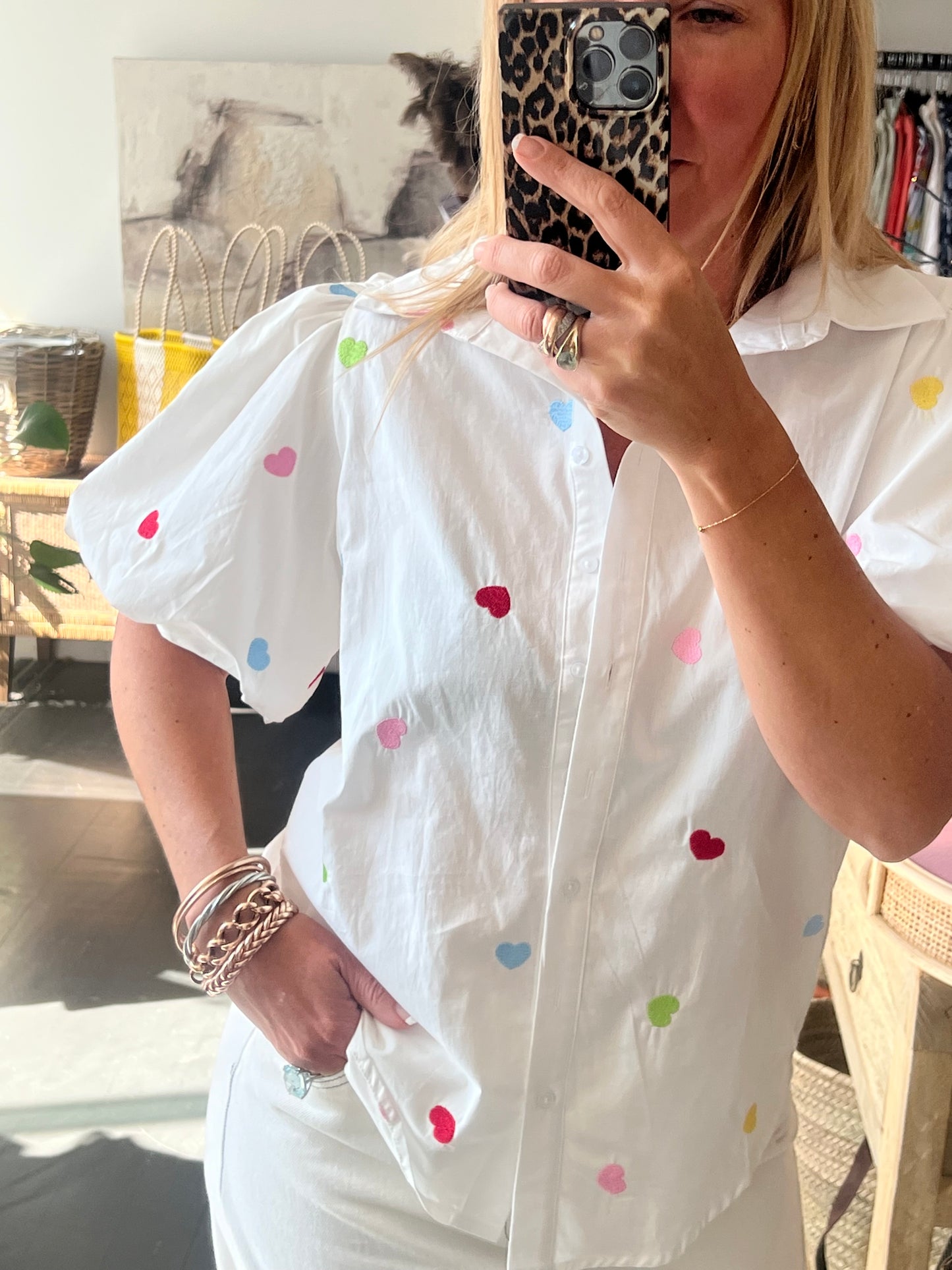 Hearts Puff Sleeve Cotton Shirt Top- white