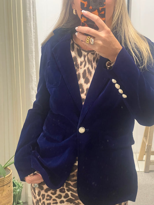 Velvet Blazer Black with Gold Buttons-electric blue