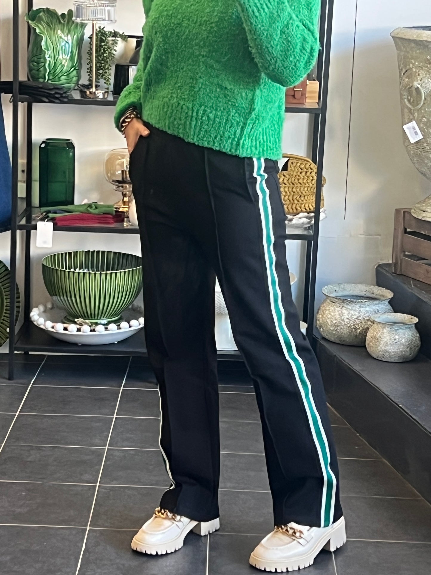 Pinstripe Ponti Pintuck Pants- green stripe