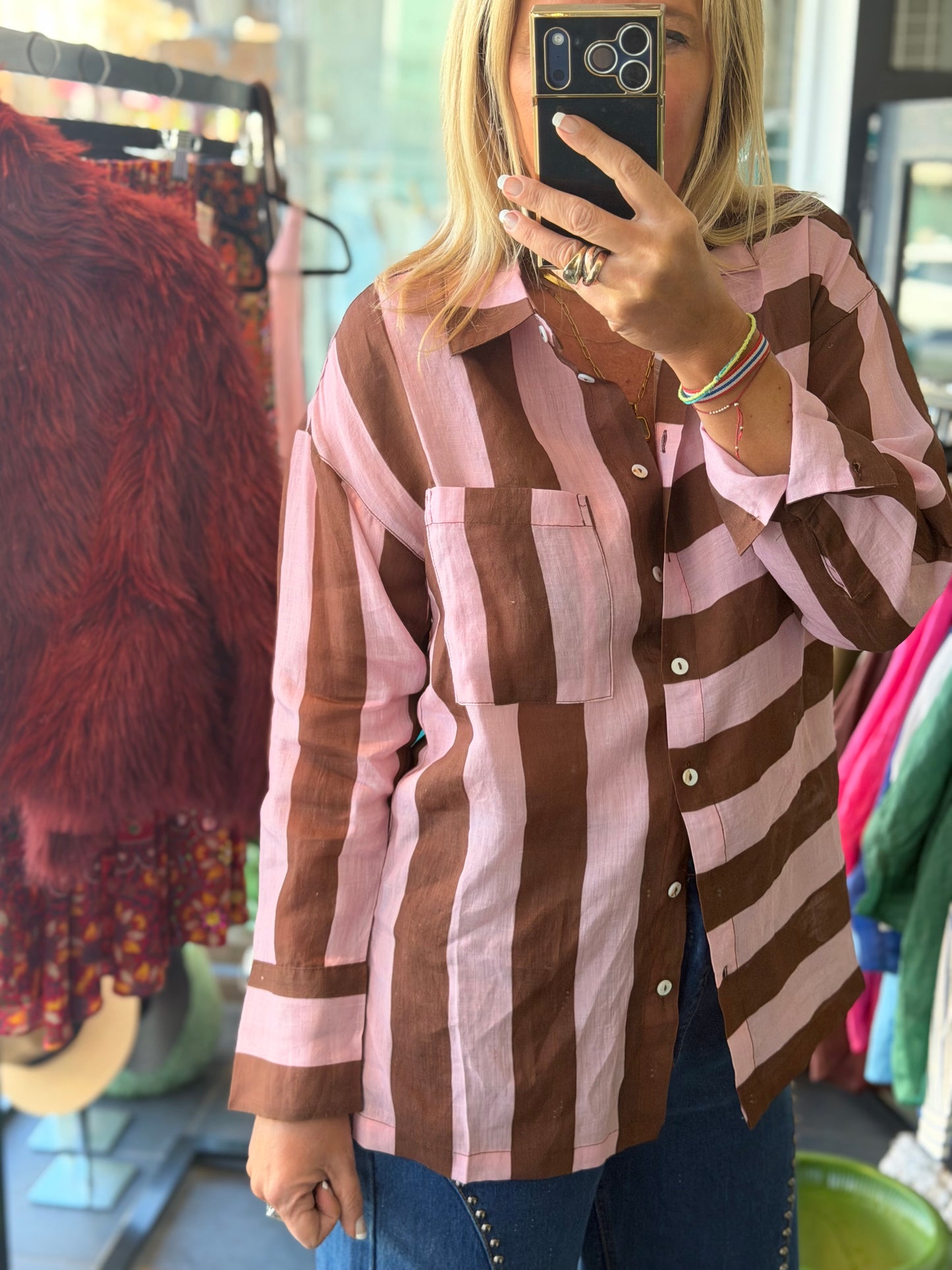 Riviera Stripe LInen Shirt - pink & tan