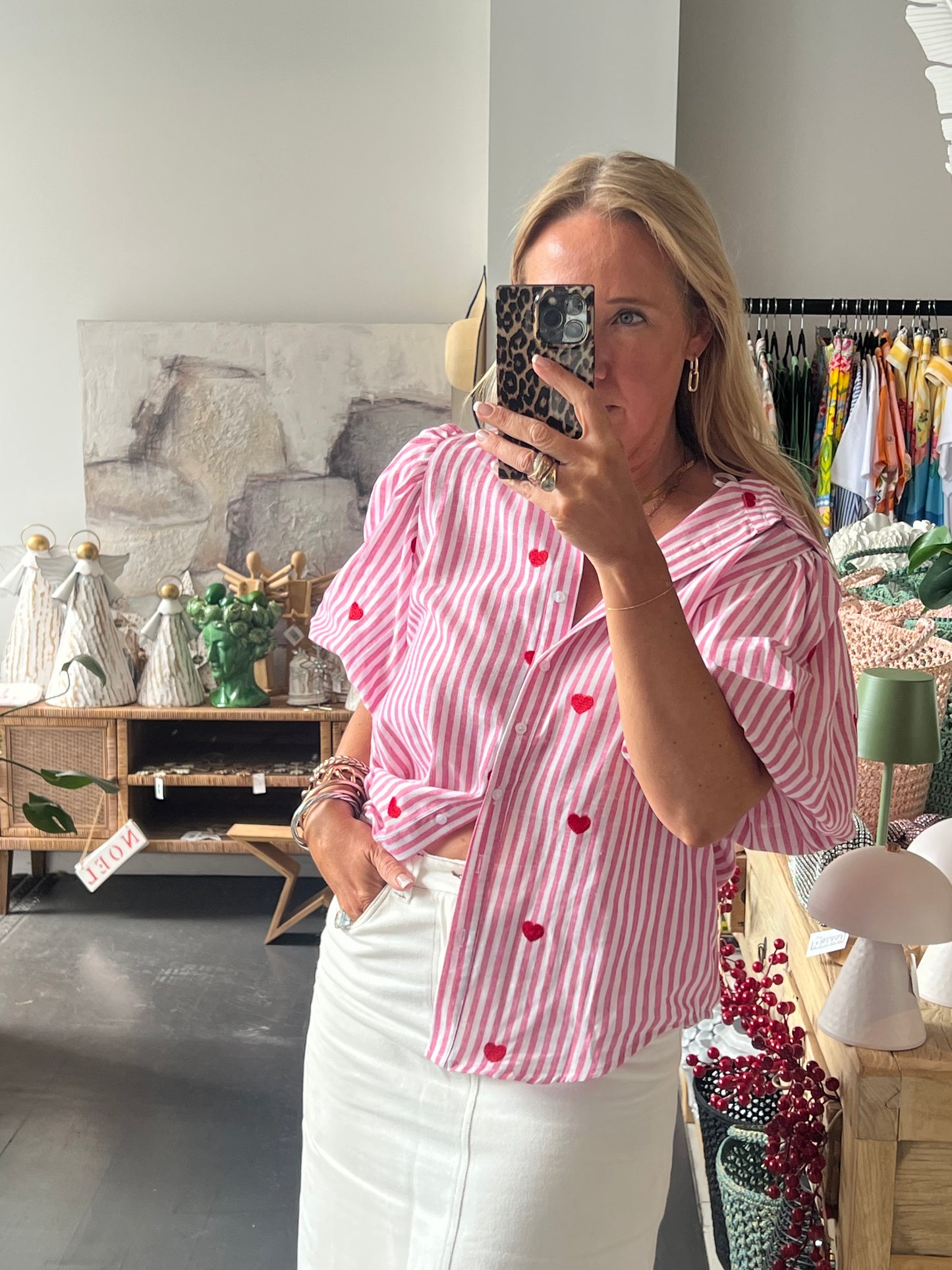 Hearts Puff Sleeve Cotton Shirt Top- pink