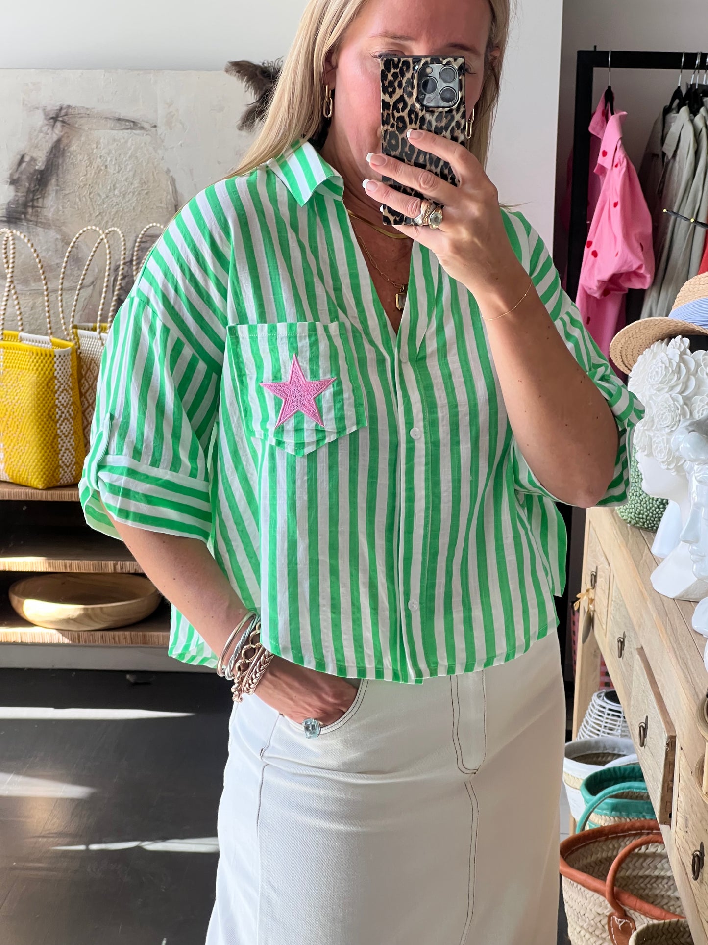 Crop Cotton Shirt Top- green