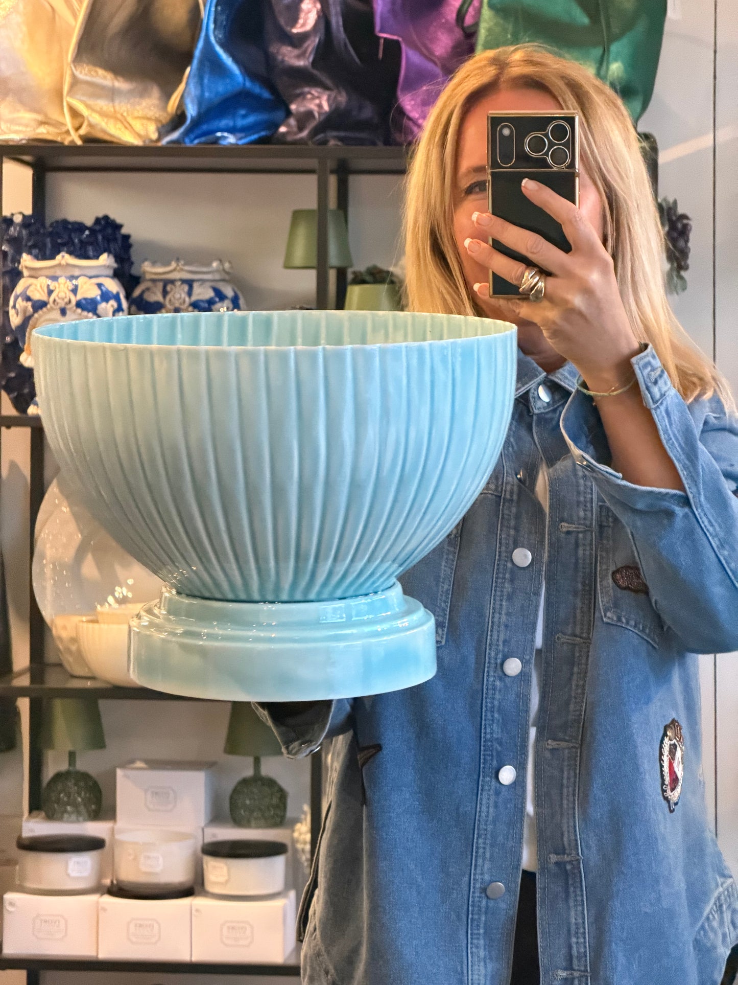 XL Footed Glazed Tin Ice Bucket-  blue