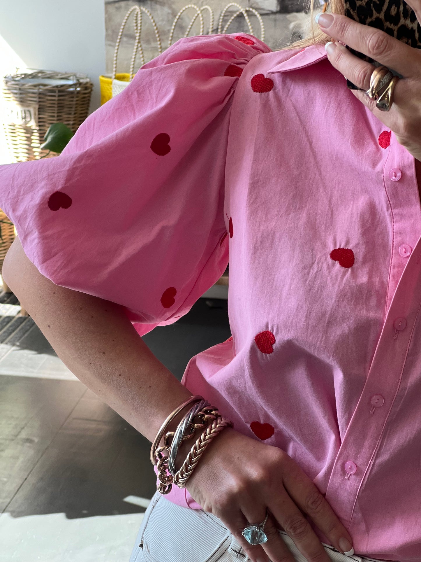 Hearts Puff Sleeve Cotton Shirt Top