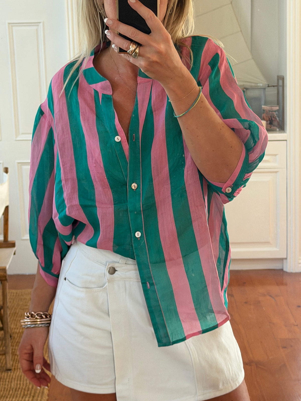 St Tropez Stripe Linen Shirt - pink & green