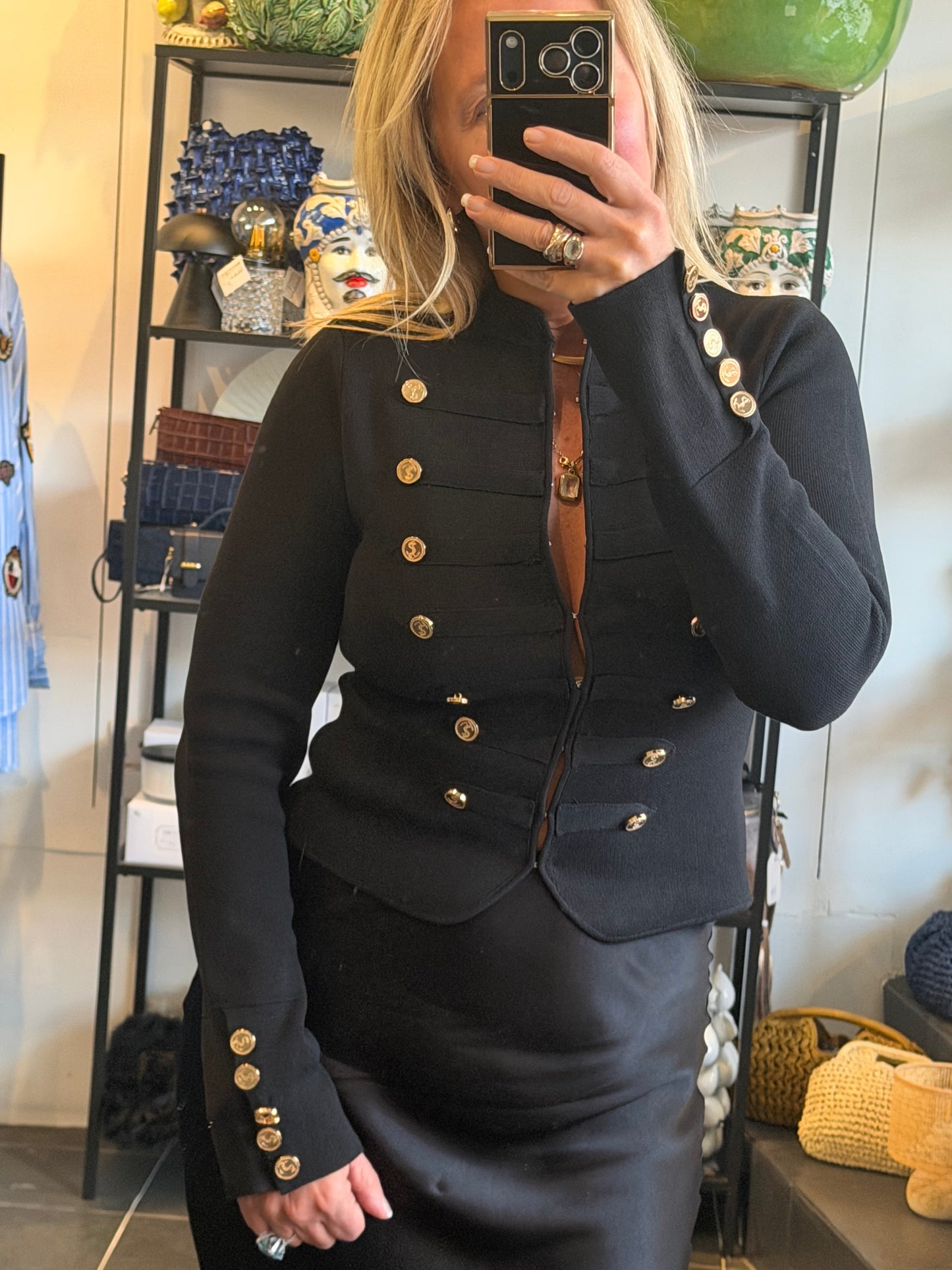 Crepe Knit Military Jacket-  black