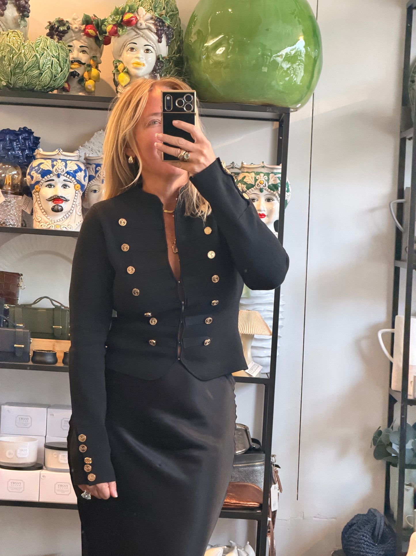 Crepe Knit Military Jacket-  black