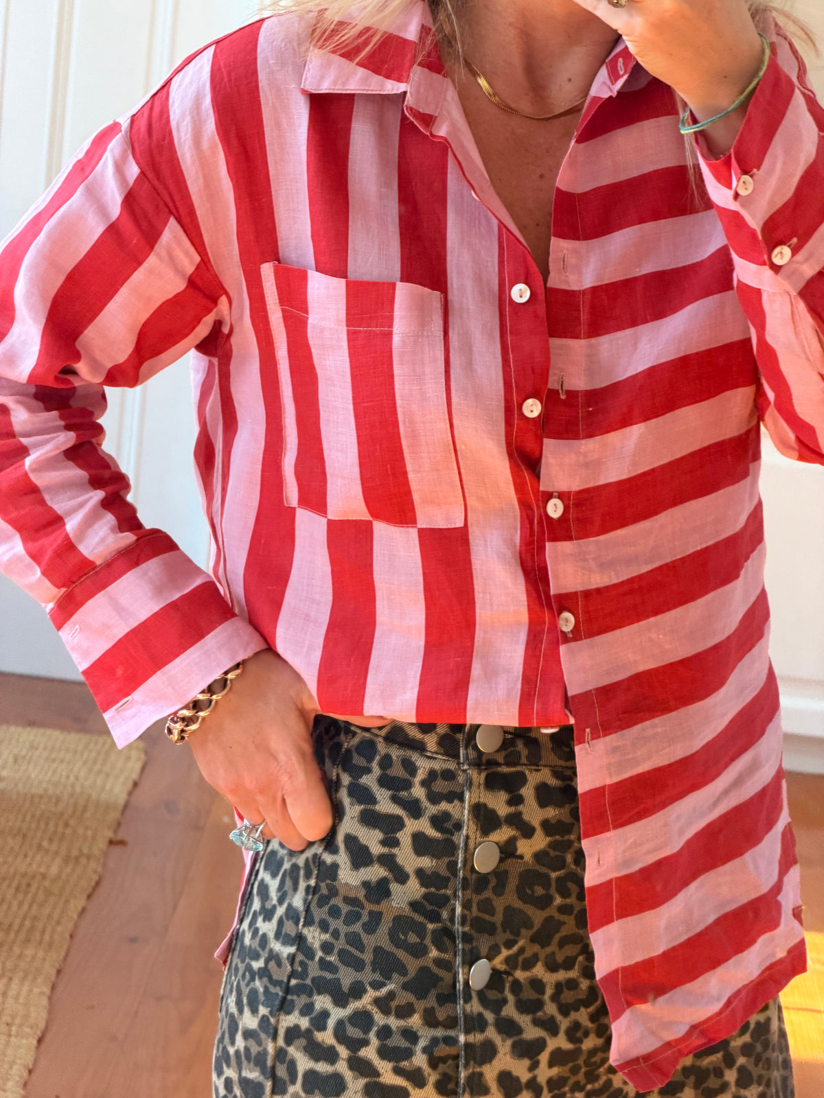 Riviera Stripe LInen Shirt - pink & red