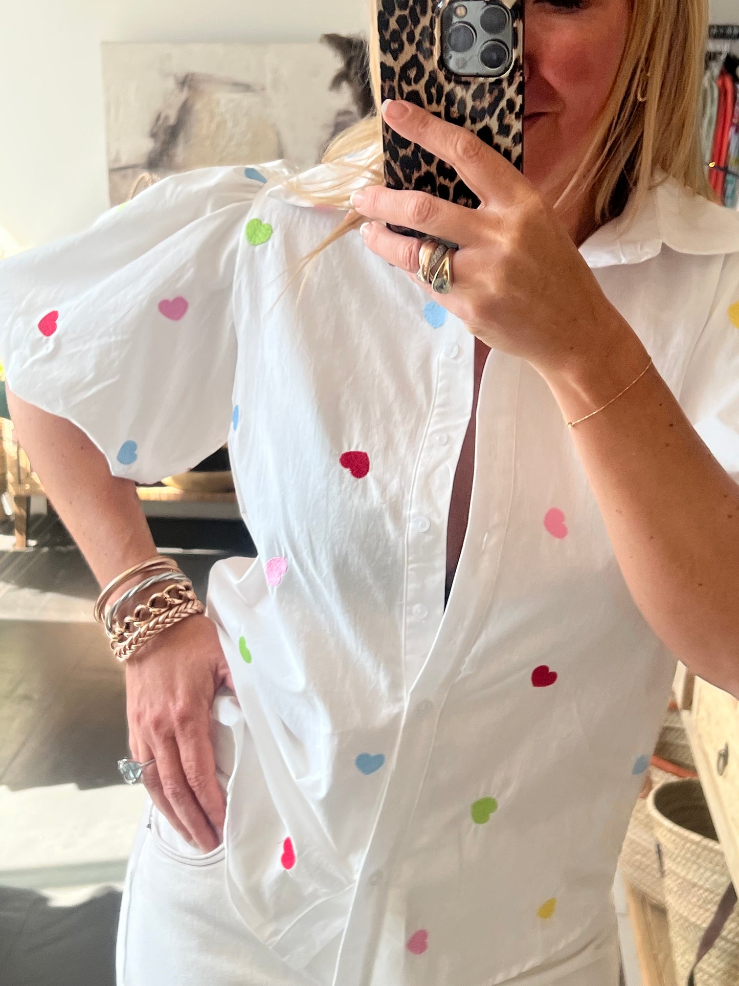 Hearts Puff Sleeve Cotton Shirt Top- white