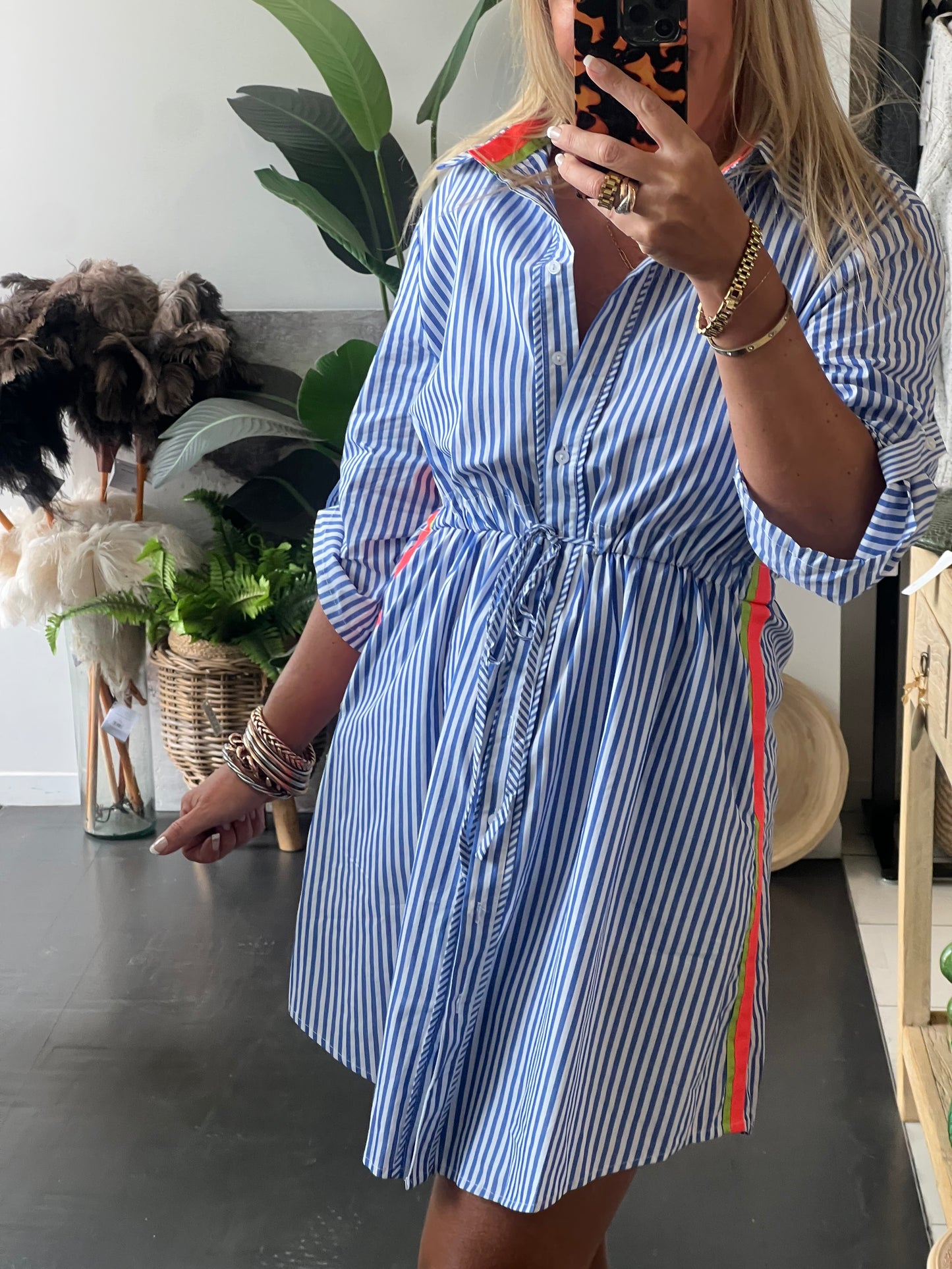 Stripe Cotton Shirt Dress Neon Trim - Blue
