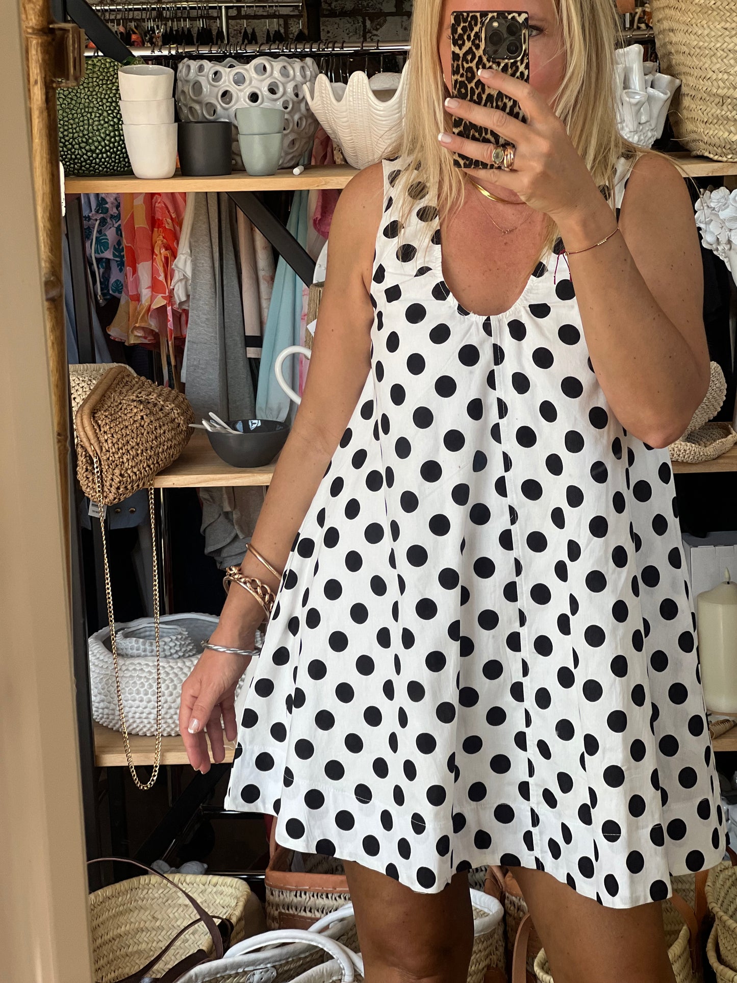 Polka Dot Sleeveless Scoop Neck Swing Shift Dress